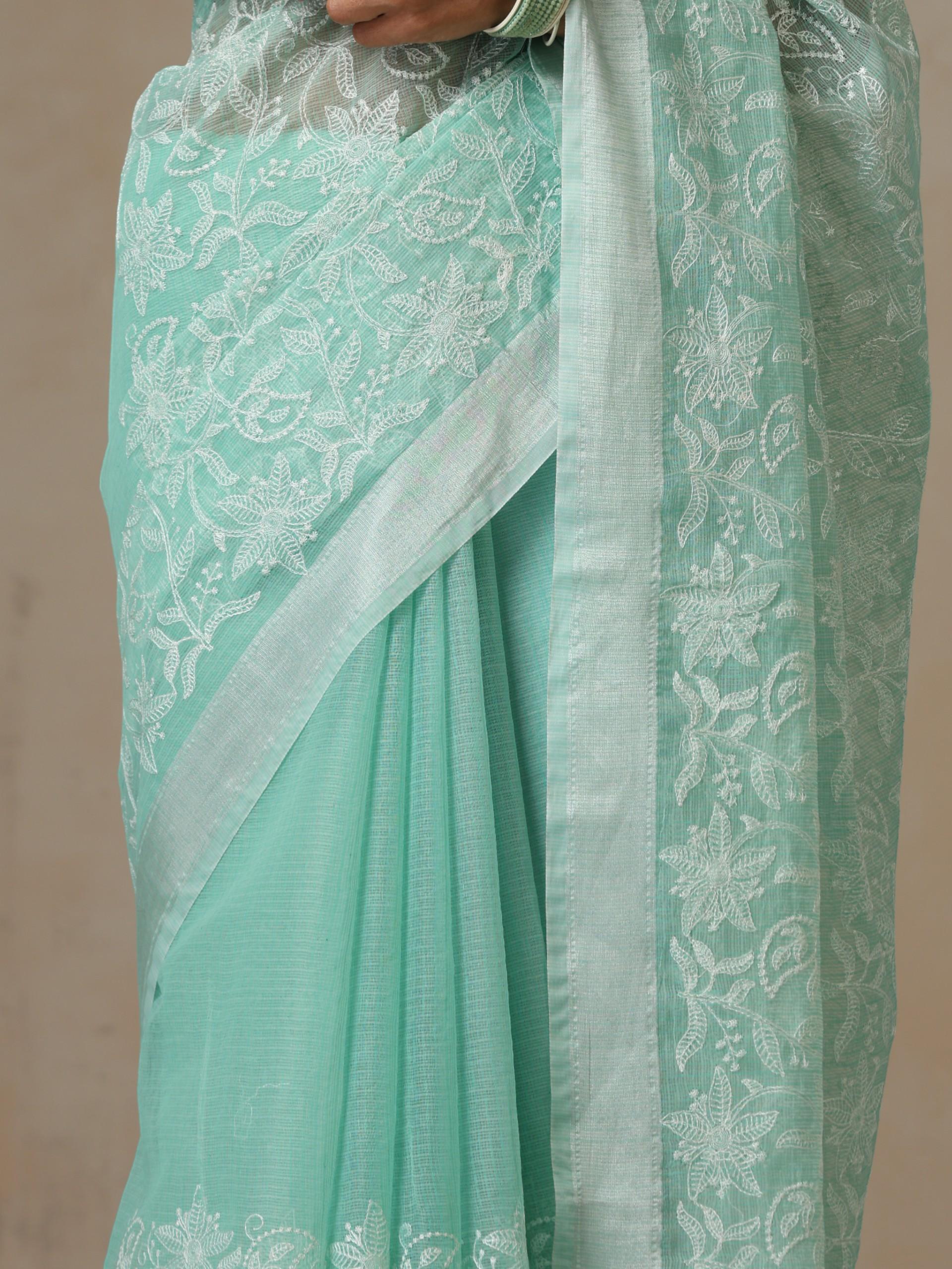 Sea Green and Silver Cotton Kota Saree with Allover Embroidery and Blouse Fabric