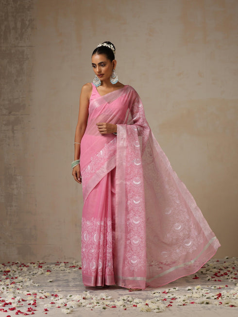 Pink and Silver Cotton Kota Saree with Allover Embroidery and Blouse Fabric