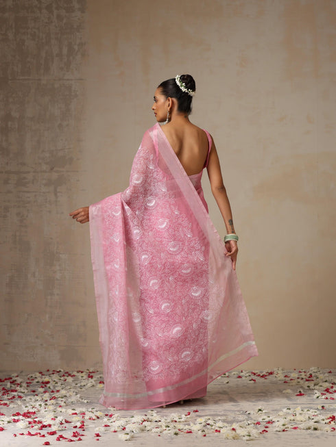 Pink and Silver Cotton Kota Saree with Allover Embroidery and Blouse Fabric