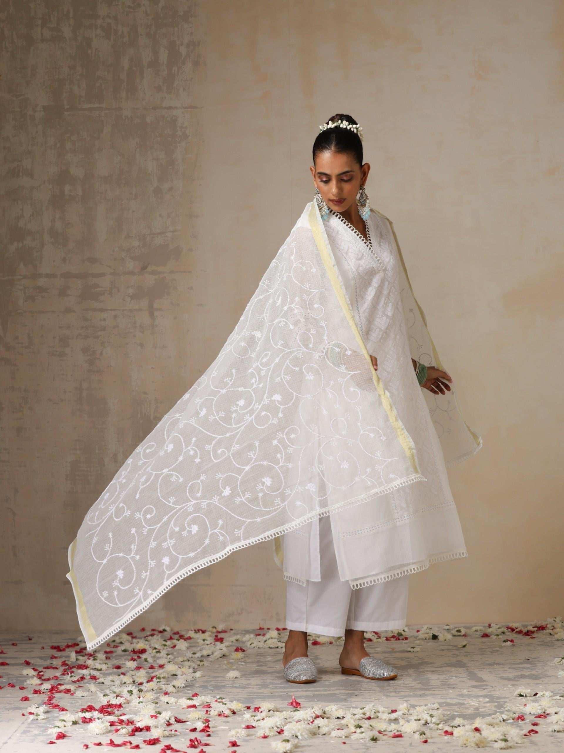 Women's White Kota Cotton Phulkari Embroidered Kurta with Dupatta and Pyjama 3 Piece Set | A-Line, V Neck, 3/4 Sleeves, Pyjama, Work Wear, Festive Wear, (Kota Cotton)