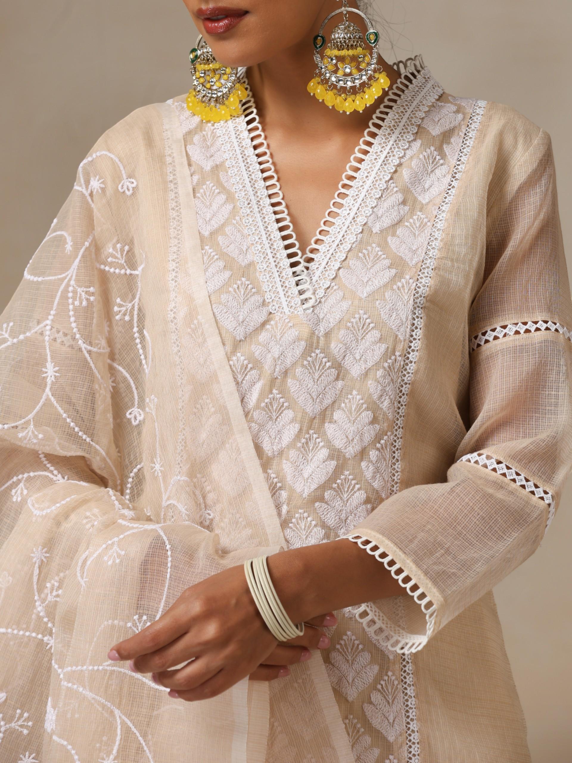 Women's Fawn Kota Cotton Phulkari Embroidered Kurta with Dupatta and Pyjama 3 Piece Set | A-Line, V Neck, Full Sleeve, Pyjama, Work Wear, Festive Wear, (Kota Cotton)