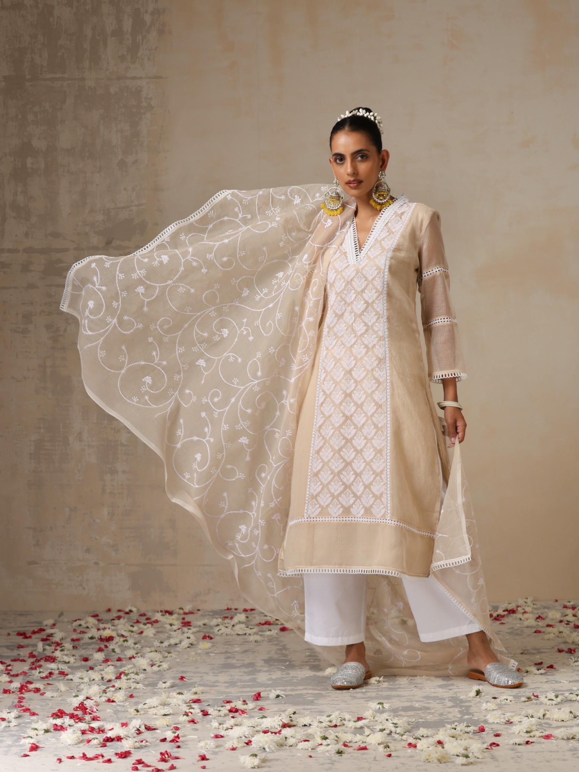 Women's Fawn Kota Cotton Phulkari Embroidered Kurta with Dupatta and Pyjama 3 Piece Set | A-Line, V Neck, Full Sleeve, Pyjama, Work Wear, Festive Wear, (Kota Cotton)