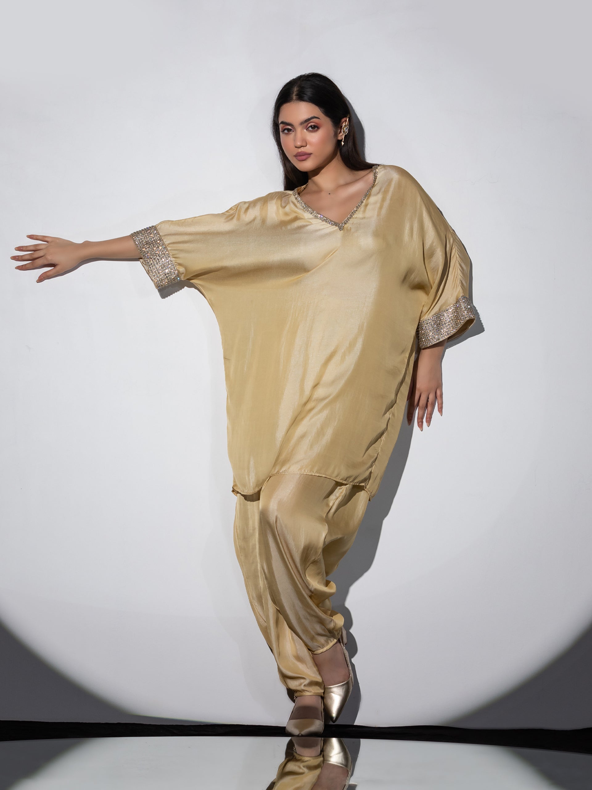 Women's Dual Shade Satin Top with Diamond Lace Set with Dhoti Pants 2 Piece Set | Straight Fit, V Neck, 3/4 Sleeves, Dhoti Pants, Partywear, (Satin)