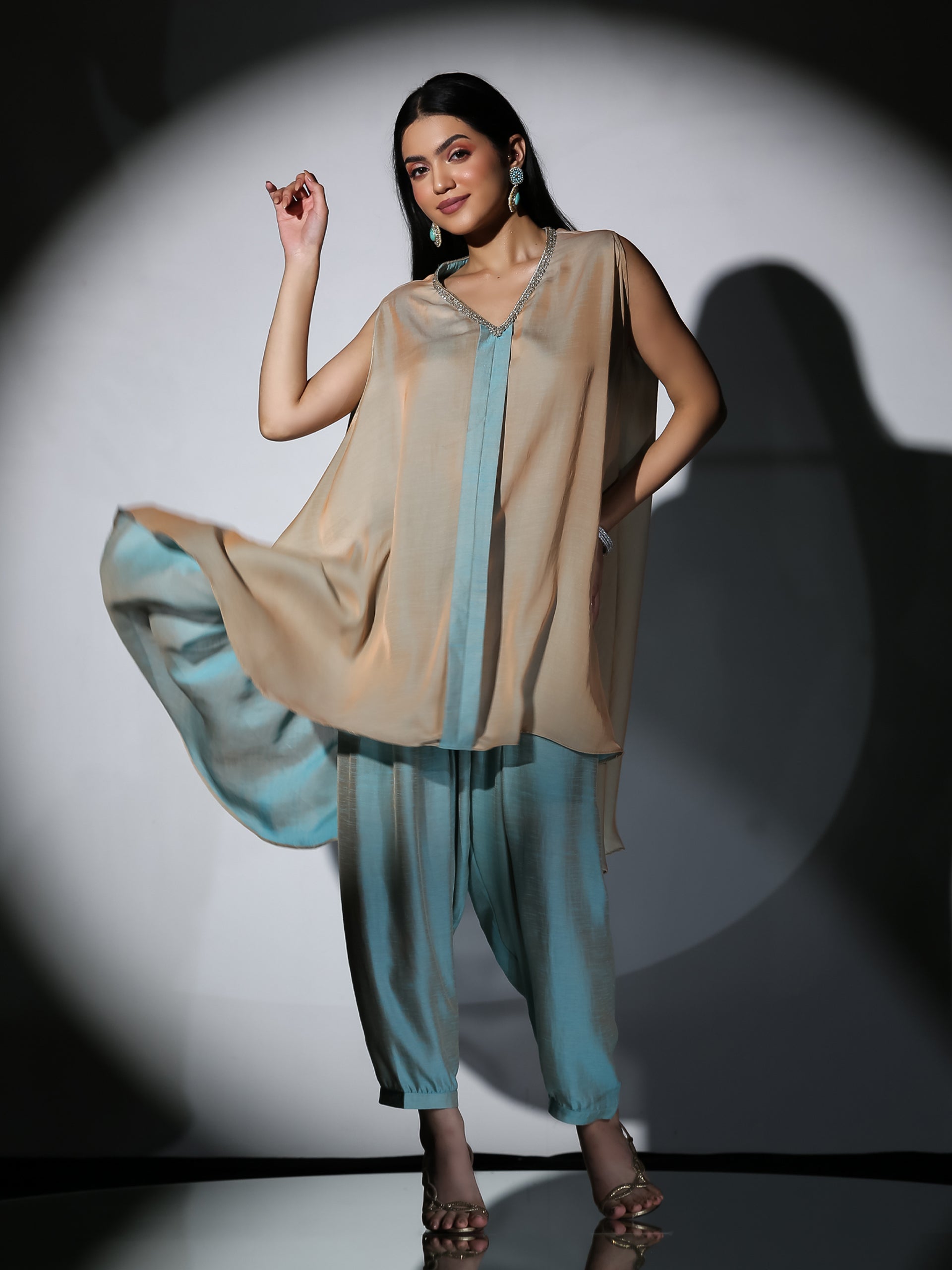 Women's Dual Shade Powder Blue and Cream Slub Satin Flared Top Set with Pants 2 Piece Set | A-Line, V Neck, Sleeveless, Pants, Partywear, (Slub Satin)