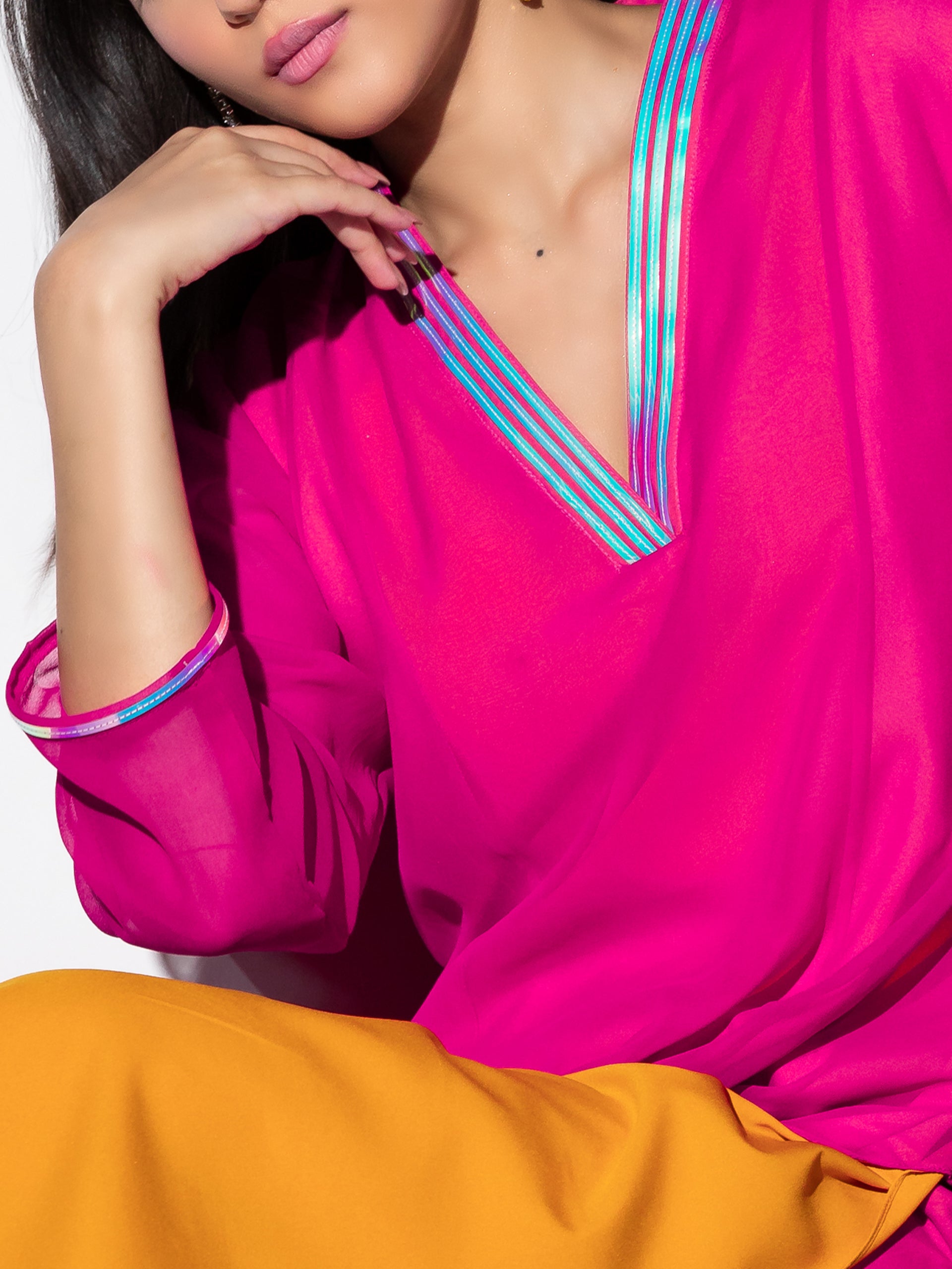 Women's Pink & Yellow Surprise Georgette Kurta Set with Contrast Inner Lining and Pants 2 Piece Set | A-Line, V Neck, Full Sleeves, Pants, Work wear, Festive Wear, (Georgette)