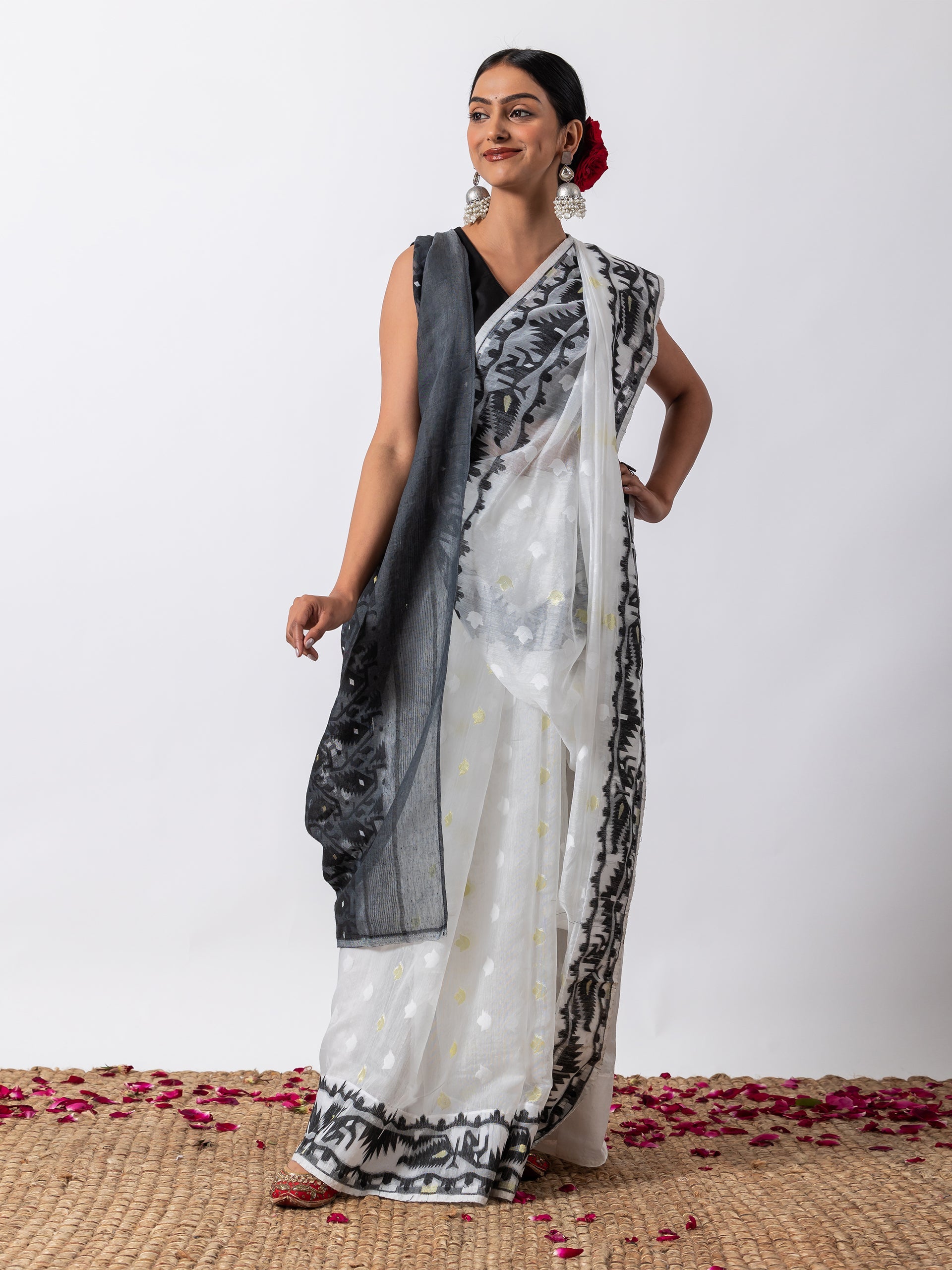Black and White Dhakai Jamdani Cotton Saree