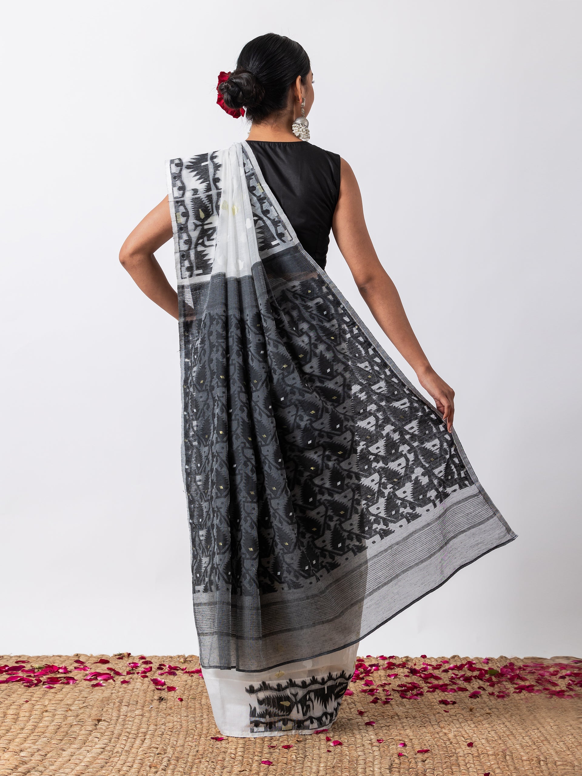 Black and White Dhakai Jamdani Cotton Saree