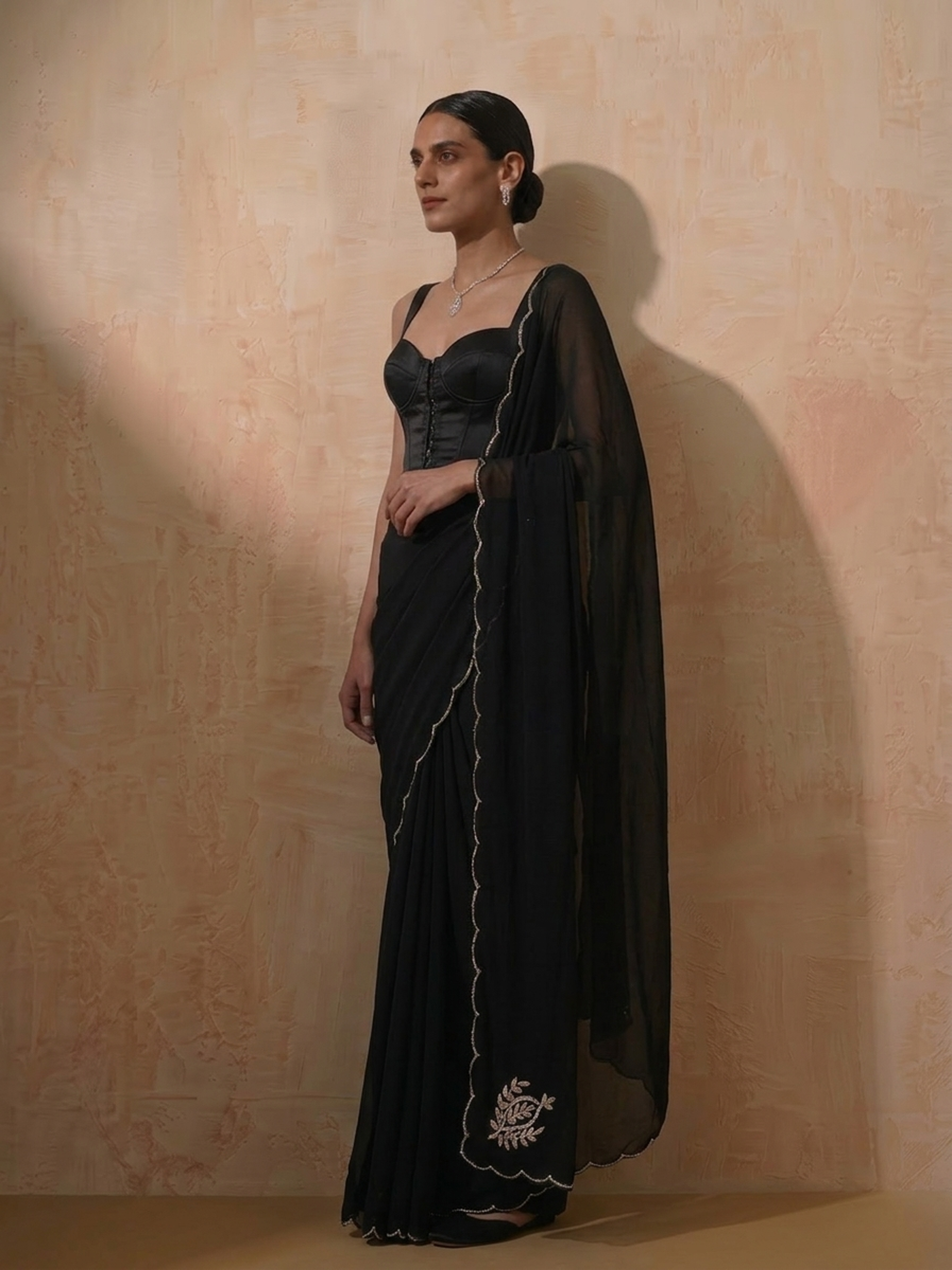 Black Chiffon Saree with Scallop and Hand Beading with Self Fabric Blouse