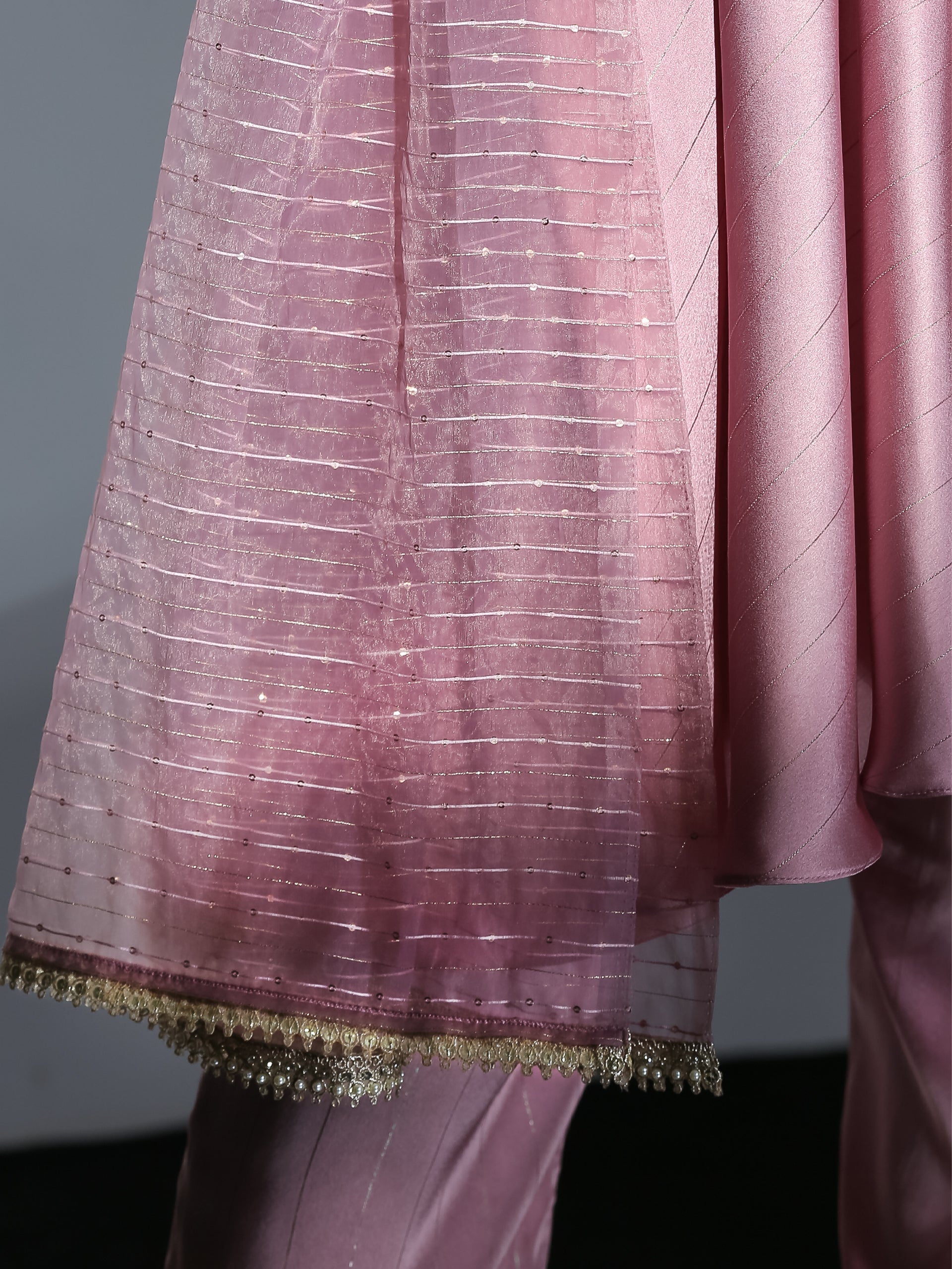 Women's Pink Stripe Satin Dress Set with Pants and Organza Sparkle Dupatta with Lace 3 Piece Set | Straight Fit, Round Neck, Sleeveless, Pants, Festive Wear, (Satin)