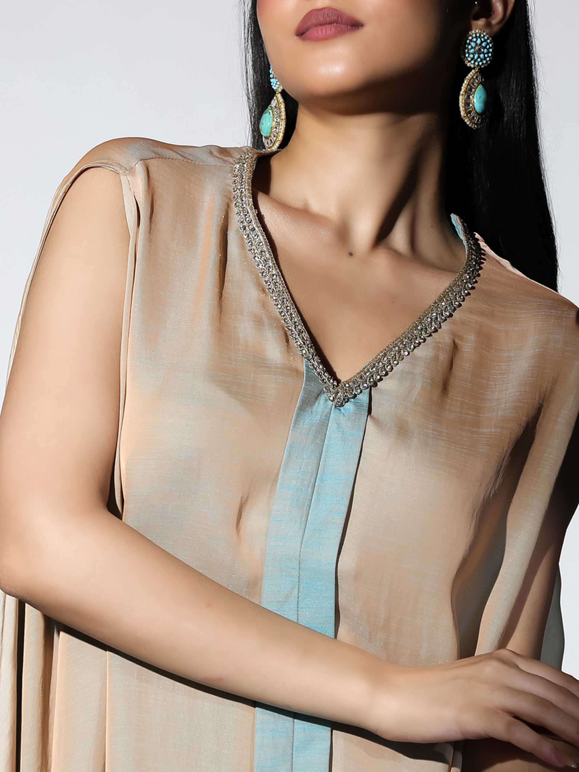 Women's Dual Shade Powder Blue and Cream Slub Satin Flared Top Set with Pants 2 Piece Set | A-Line, V Neck, Sleeveless, Pants, Partywear, (Slub Satin)