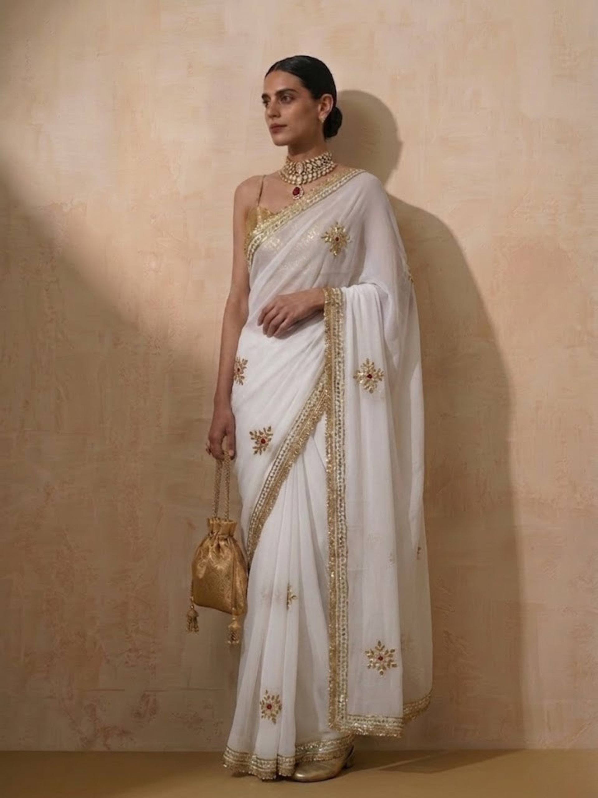 White Chiffon Saree with Gota Patti Handwork with Self Blouse Fabric