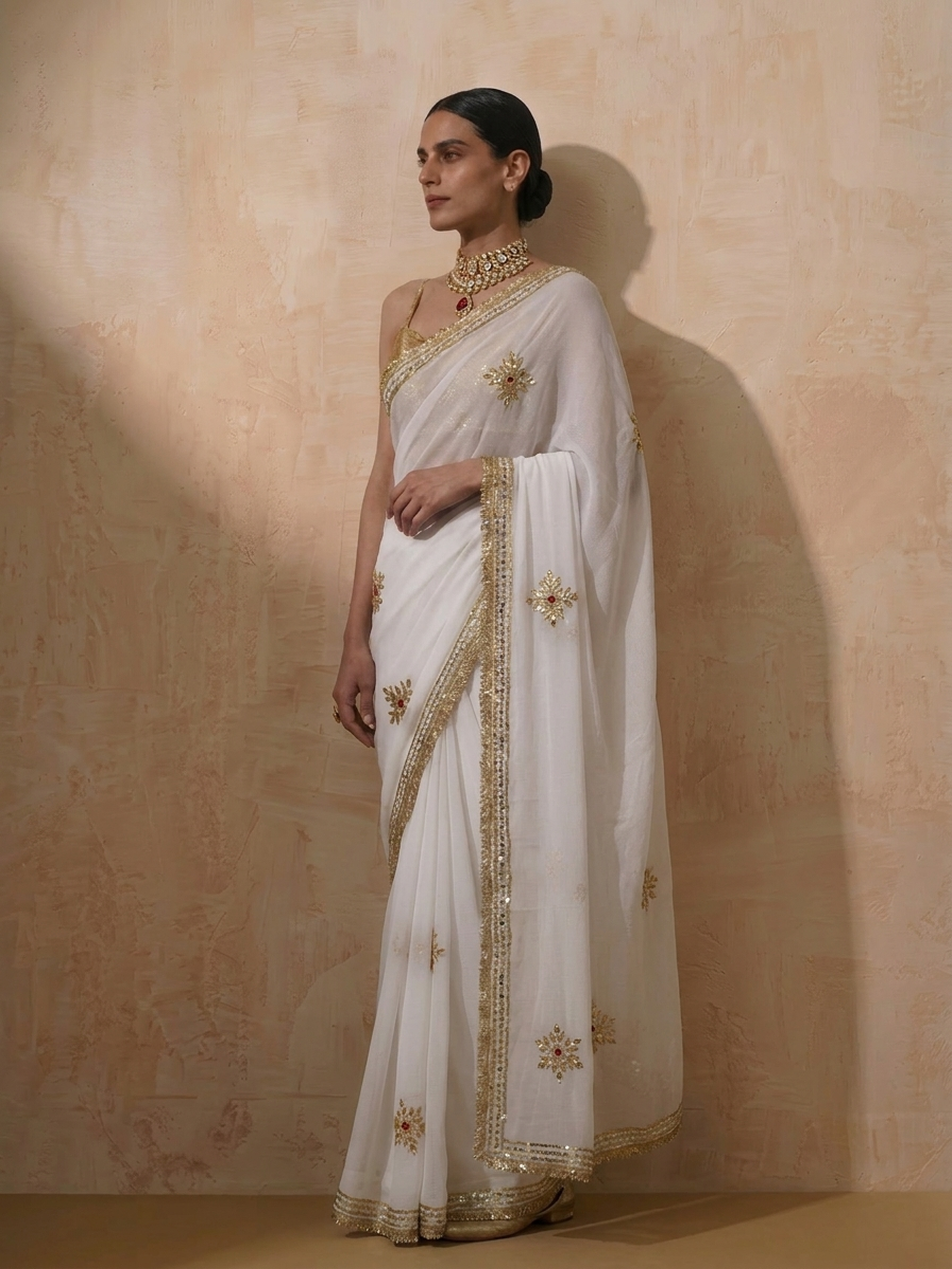 White Chiffon Saree with Gota Patti Handwork with Self Blouse Fabric