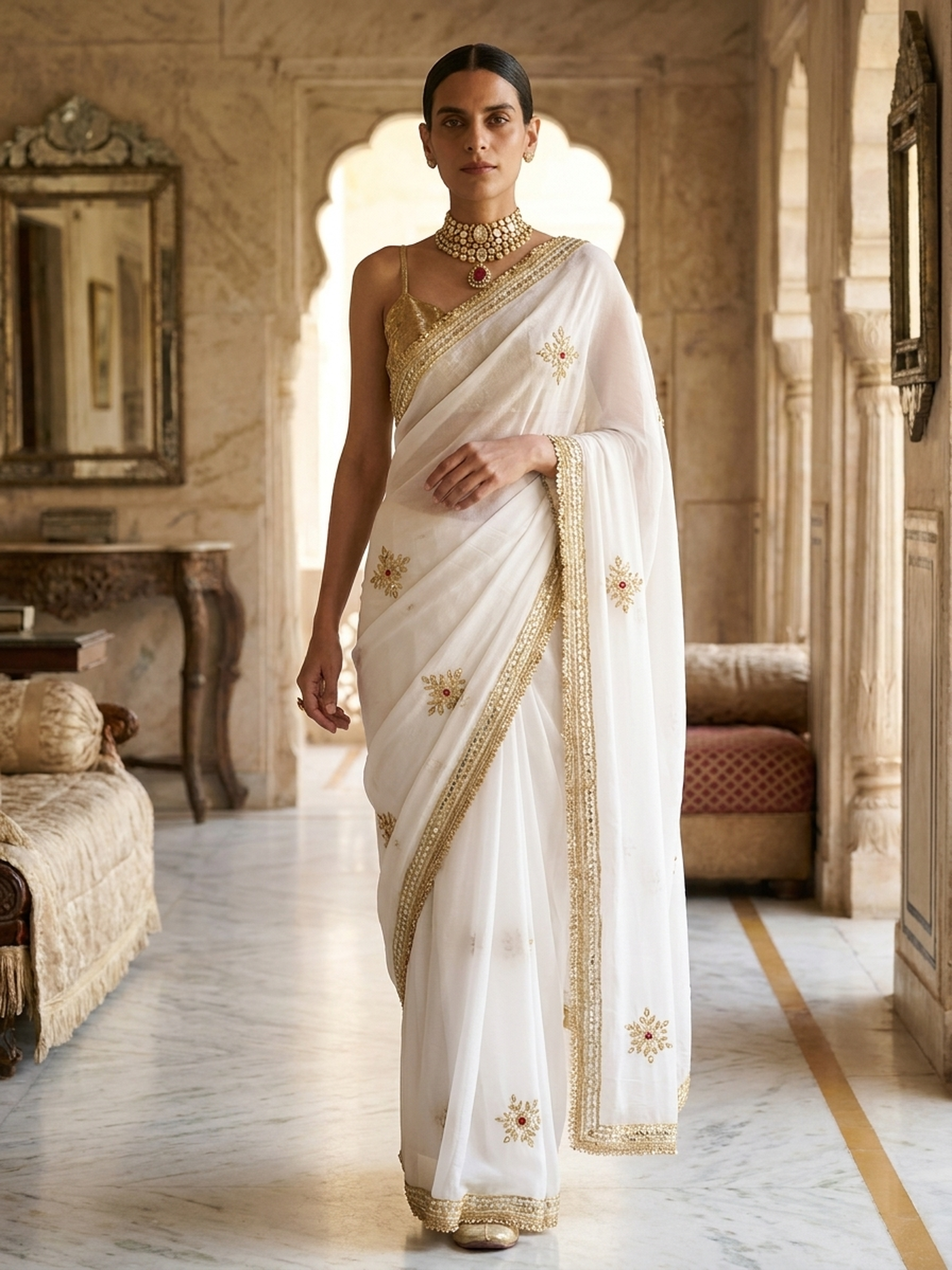 White Chiffon Saree with Gota Patti Handwork with Self Blouse Fabric