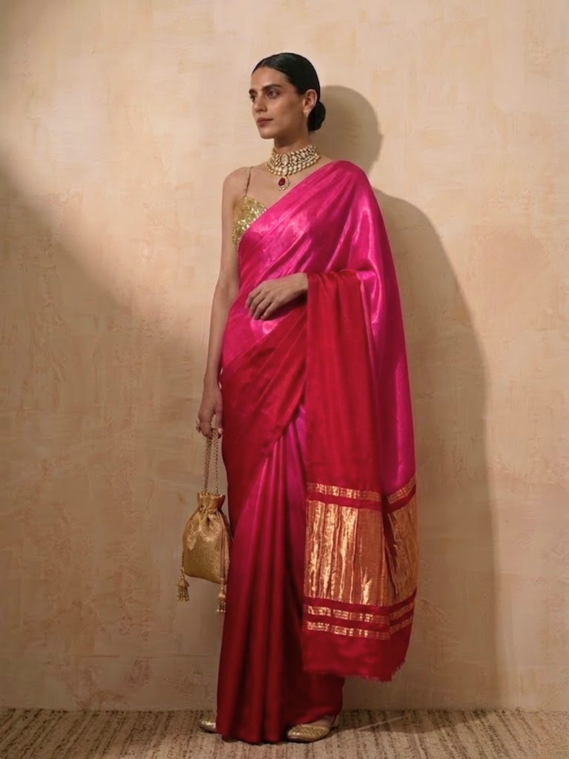 Gajji Silk Red Pink Ombre Saree with Self Blouse Fabric