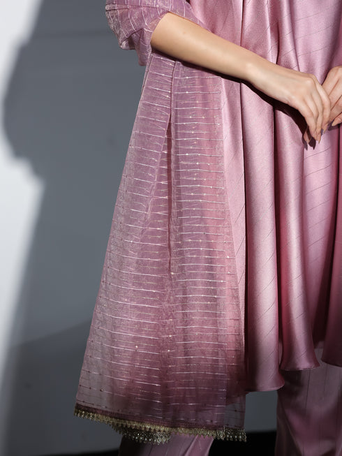 3 pc SET - Pink stripe Satin Dress , Pants and Organza Sparkle Dupatta with lace
