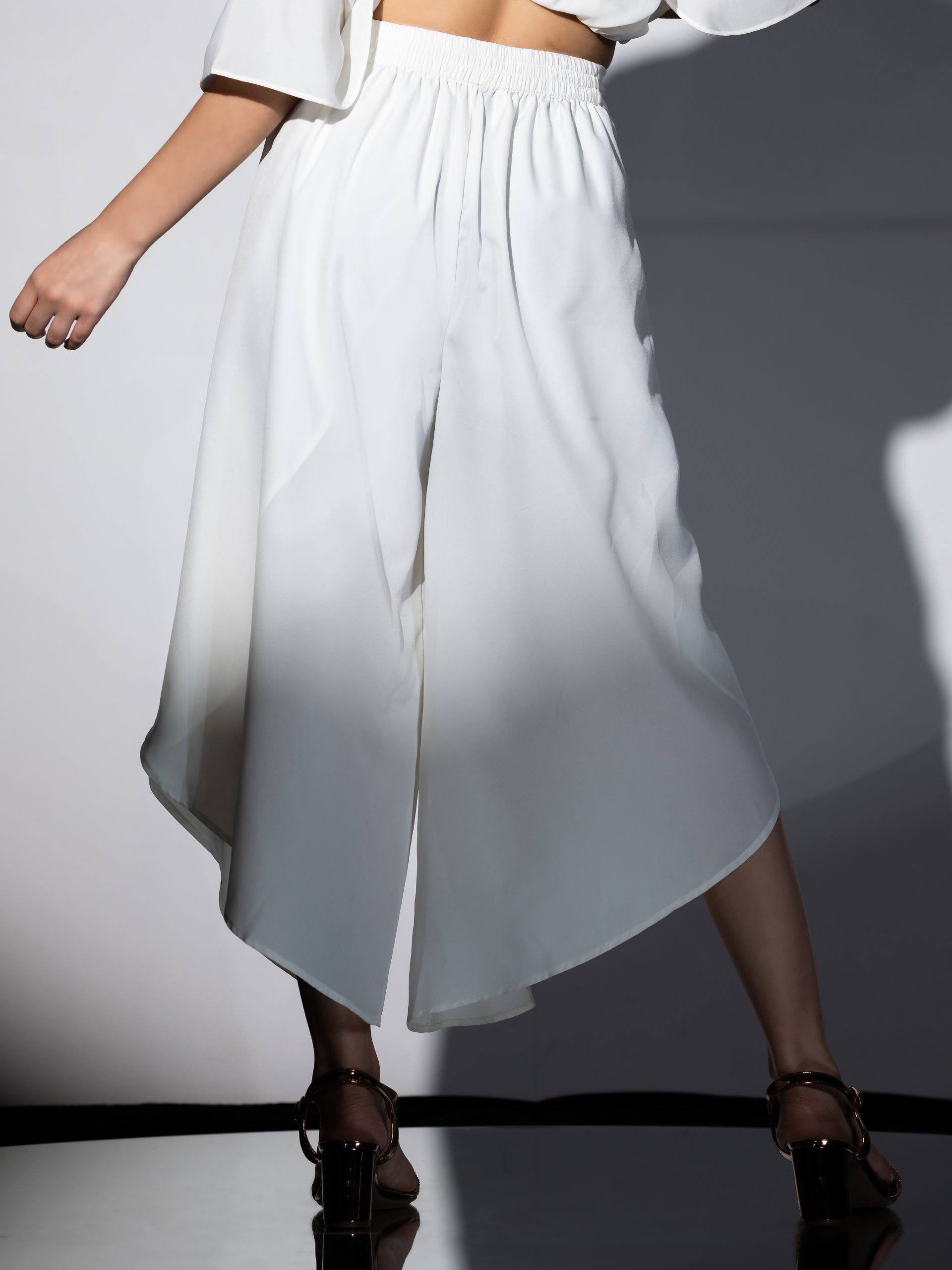 Women's Bree Cream Crepe Co-Ordinate Set with Gold Triangle Lace and Overlap Dhoti 2 Piece Set | Straight Fit, Round Neck, 3/4 Sleeves, Dhoti Pants, Festive Wear, (Crepe)