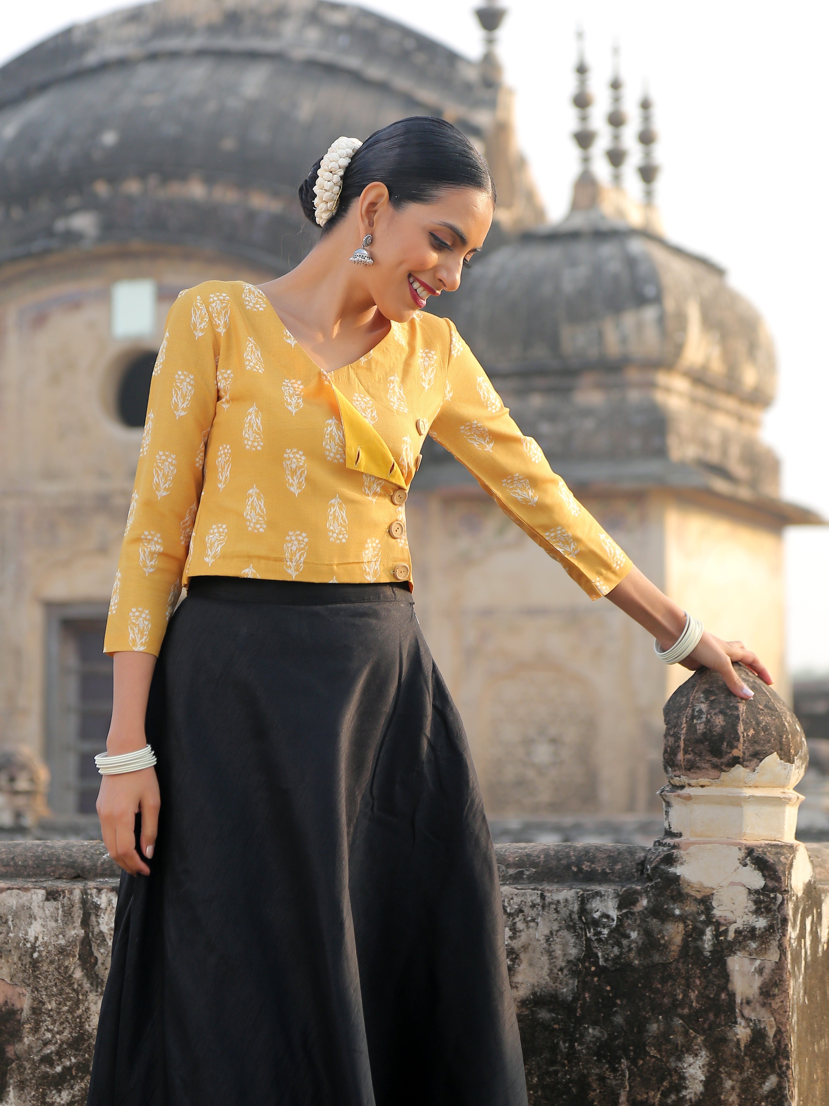 Yellow Flower Angrakha Blouse
