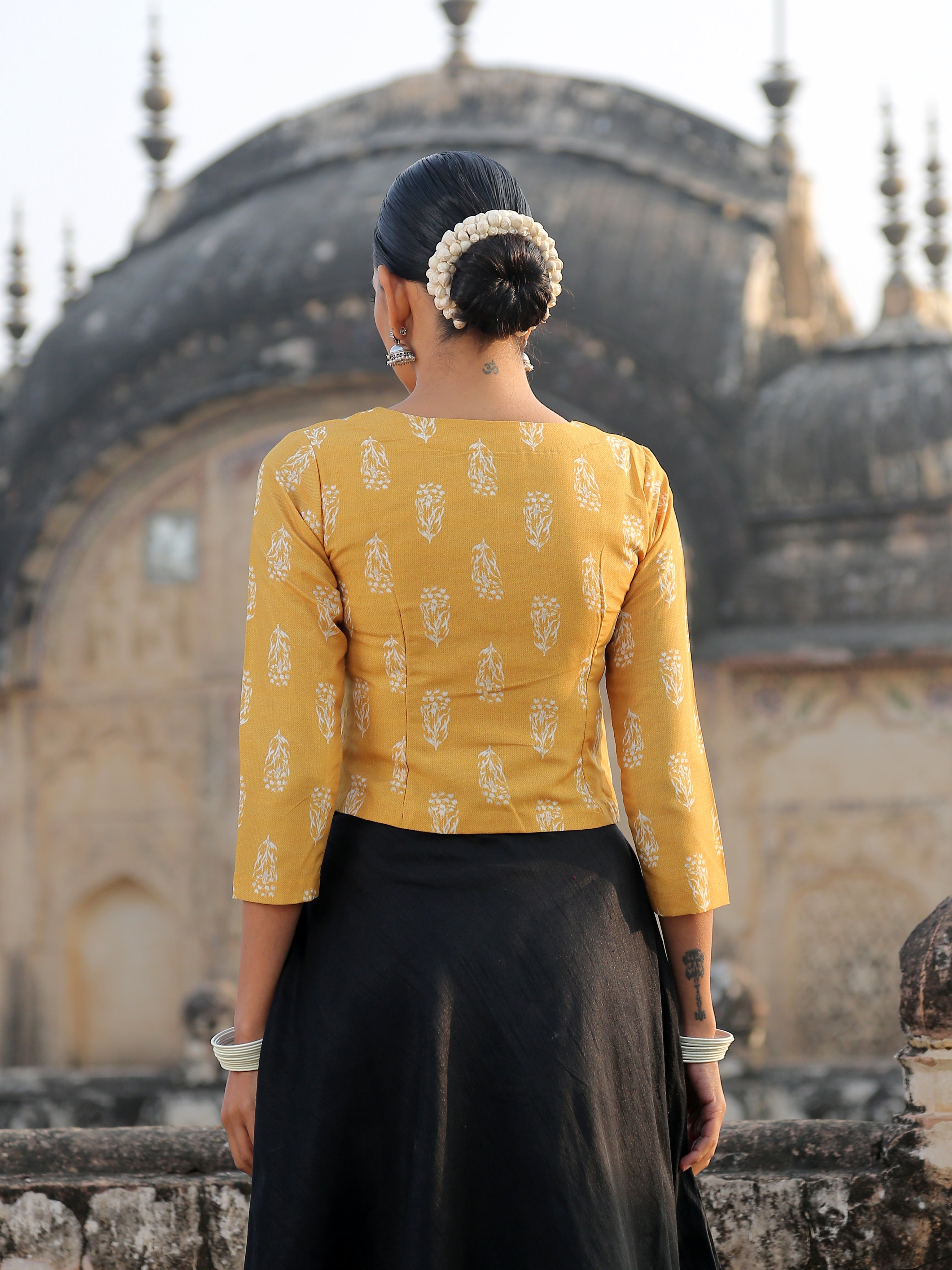 Yellow Flower Angrakha Blouse