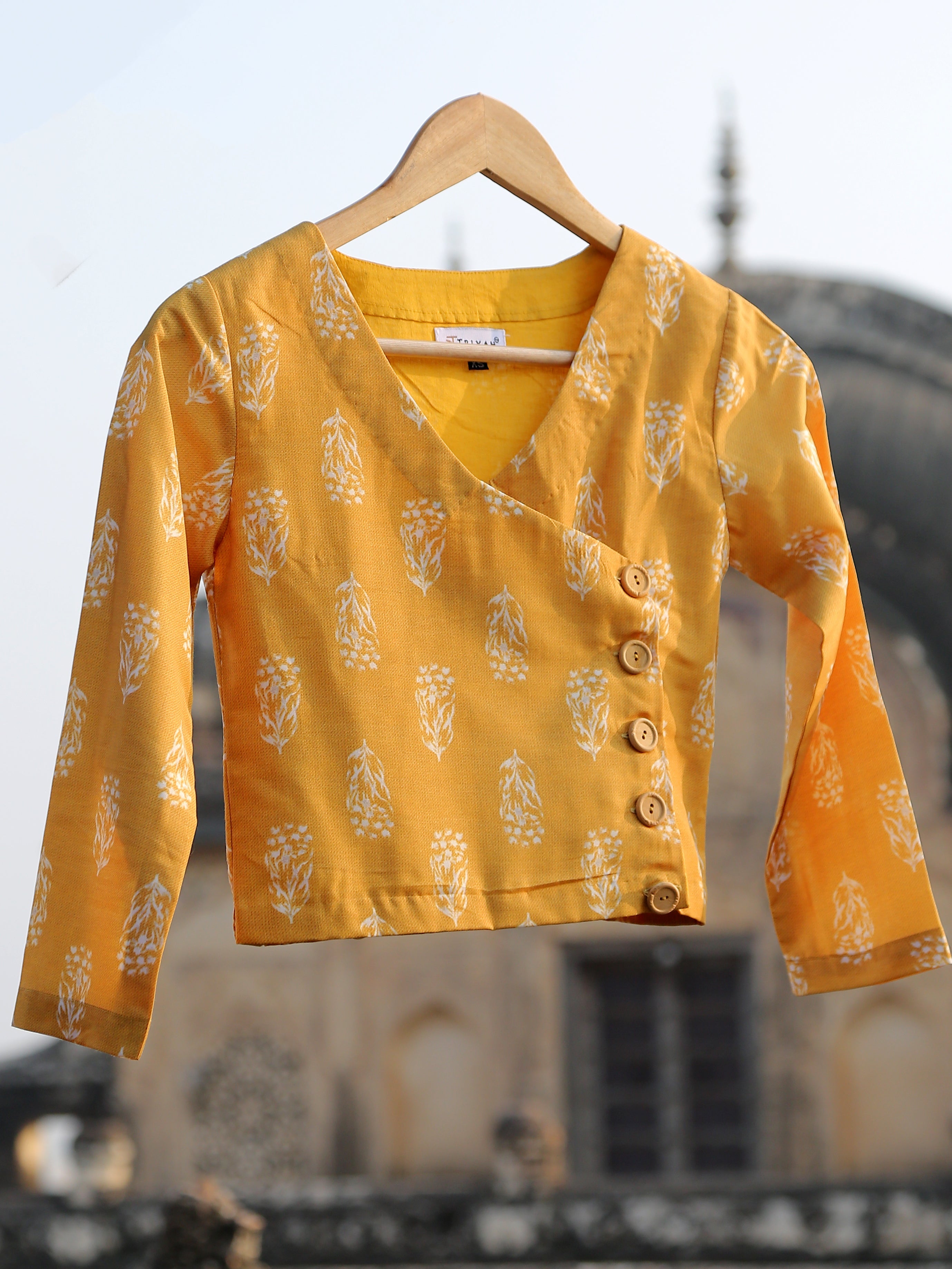 Yellow Flower Angrakha Blouse
