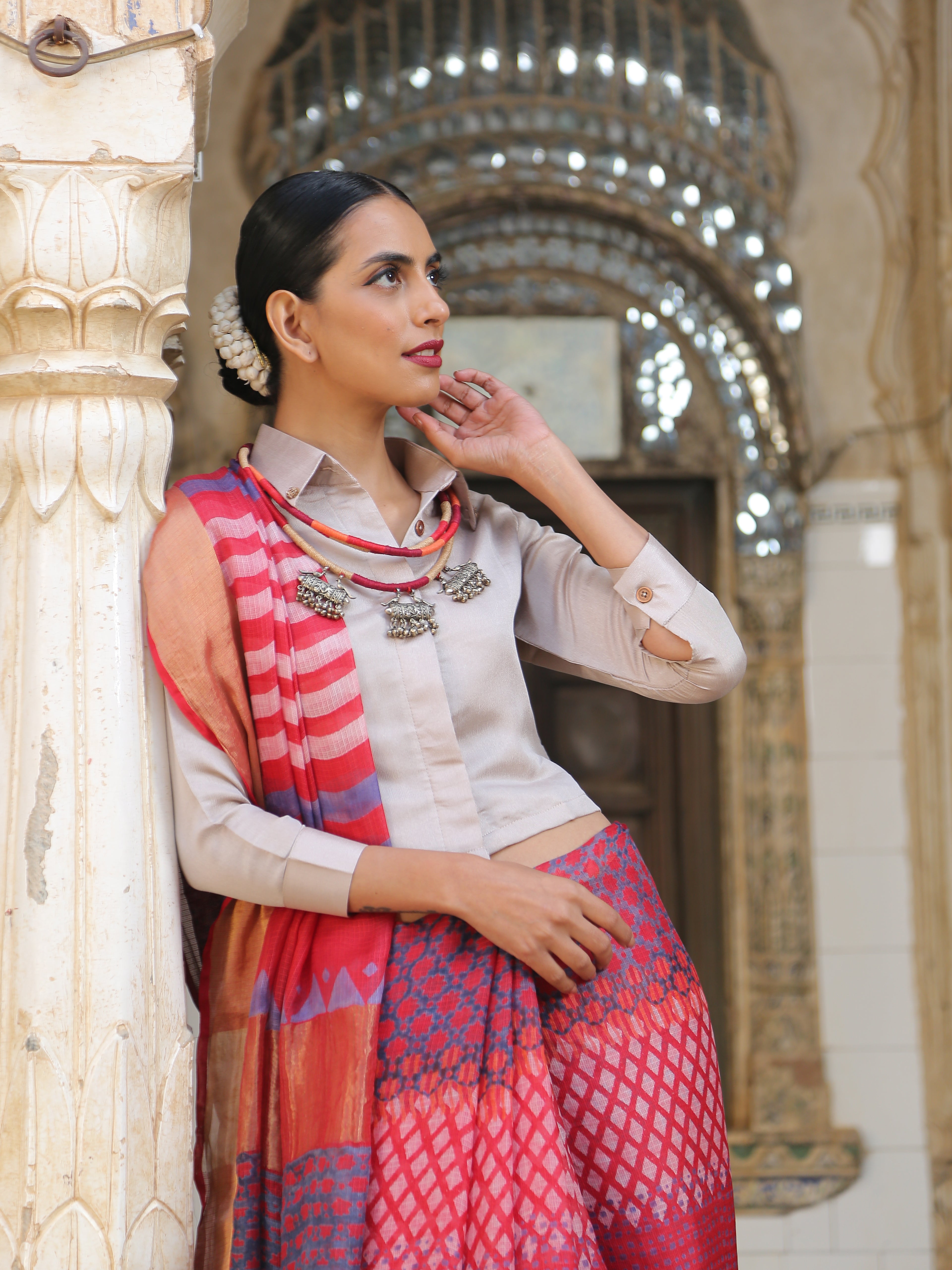 Refined Taste Shirt Blouse With Gold Rose Applique