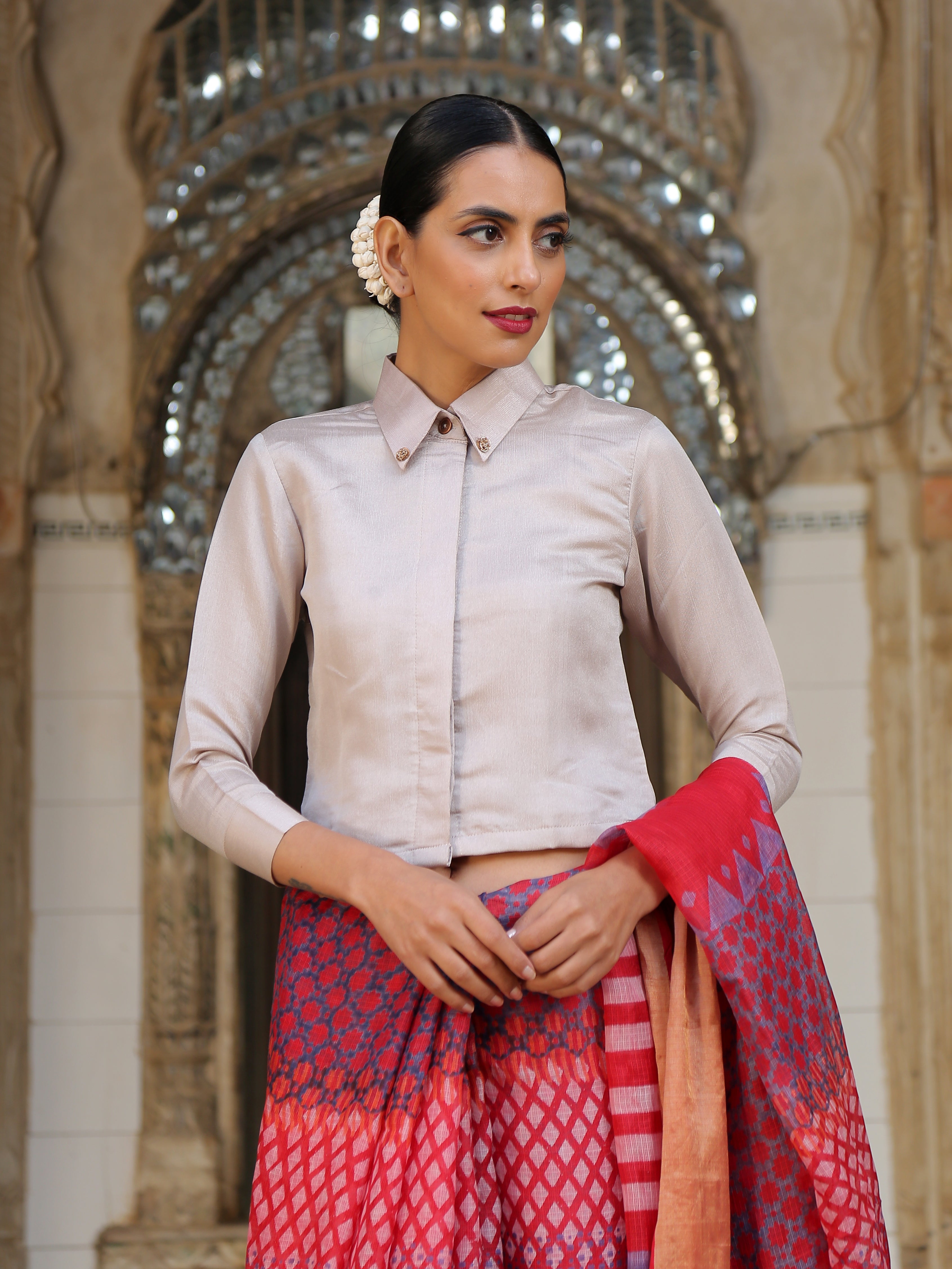 Refined Taste Shirt Blouse With Gold Rose Applique