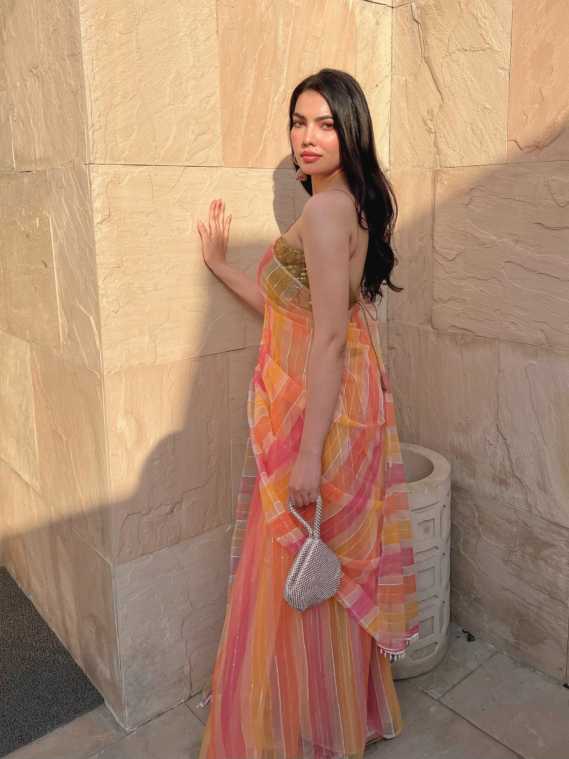 Hand painted colour melted pink yellow organza saree with lace and blouse fabric — view 4