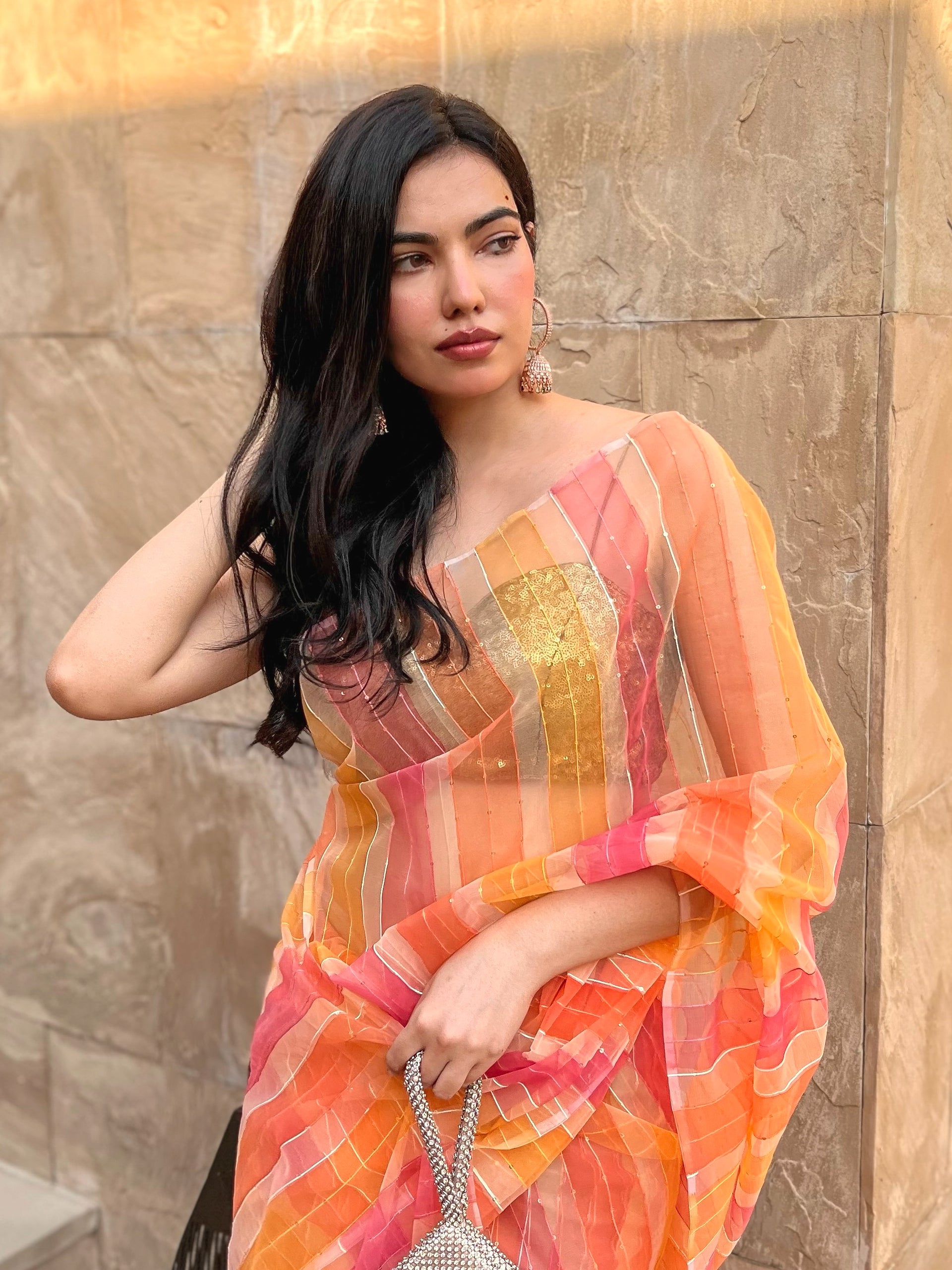 Hand painted colour melted pink yellow organza saree with lace and blouse fabric