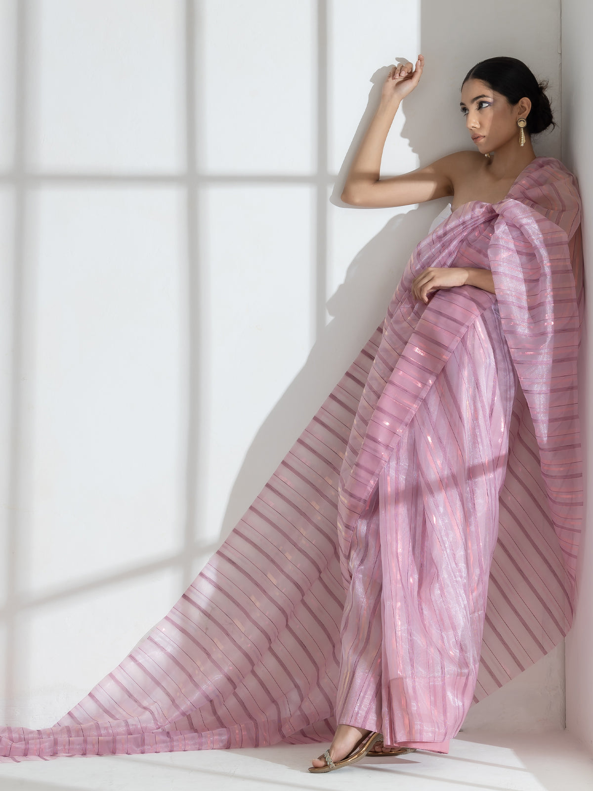 Rosy lilac pink chiffon saree with rosegold stripes — view 2
