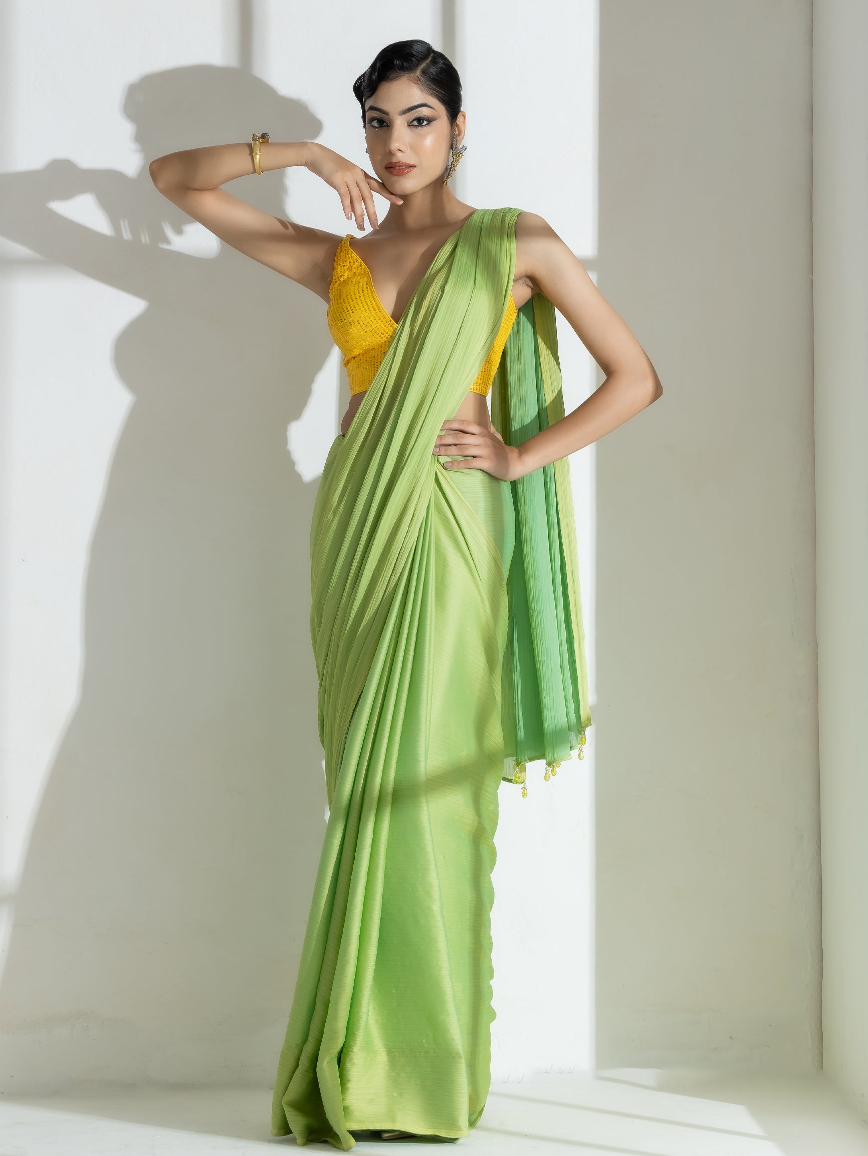 Lime and blue dual shade texture chiffon saree with beads — view 5