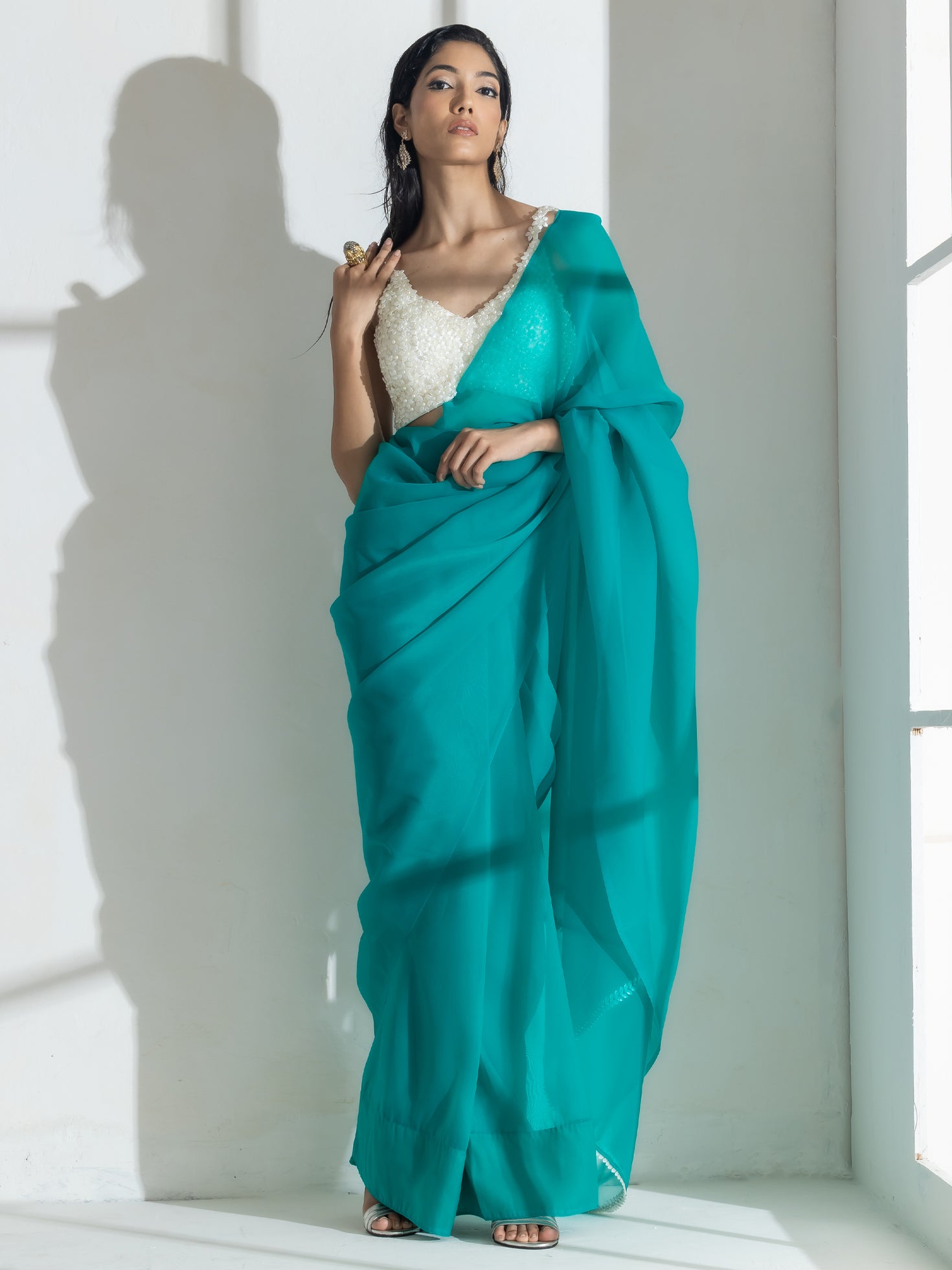 Topaz Super Soft Organza Saree with Pearl Leaves – Swtantra