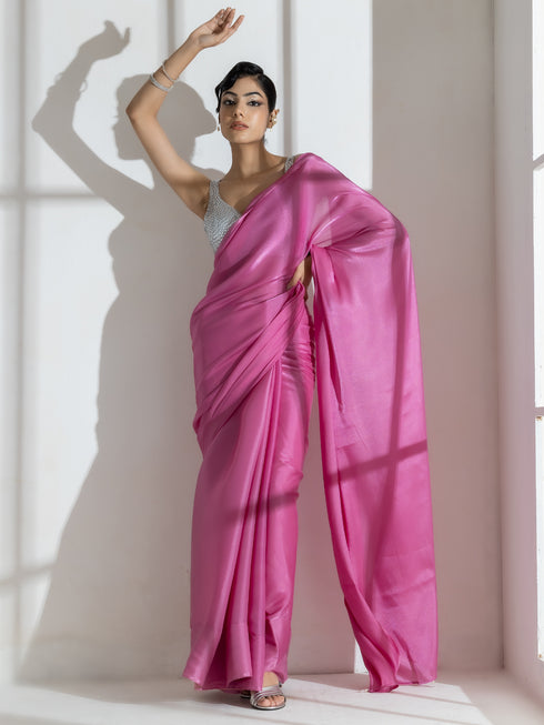Onion Pink Silky Organza Saree with Beads and Self Blouse Fabric
