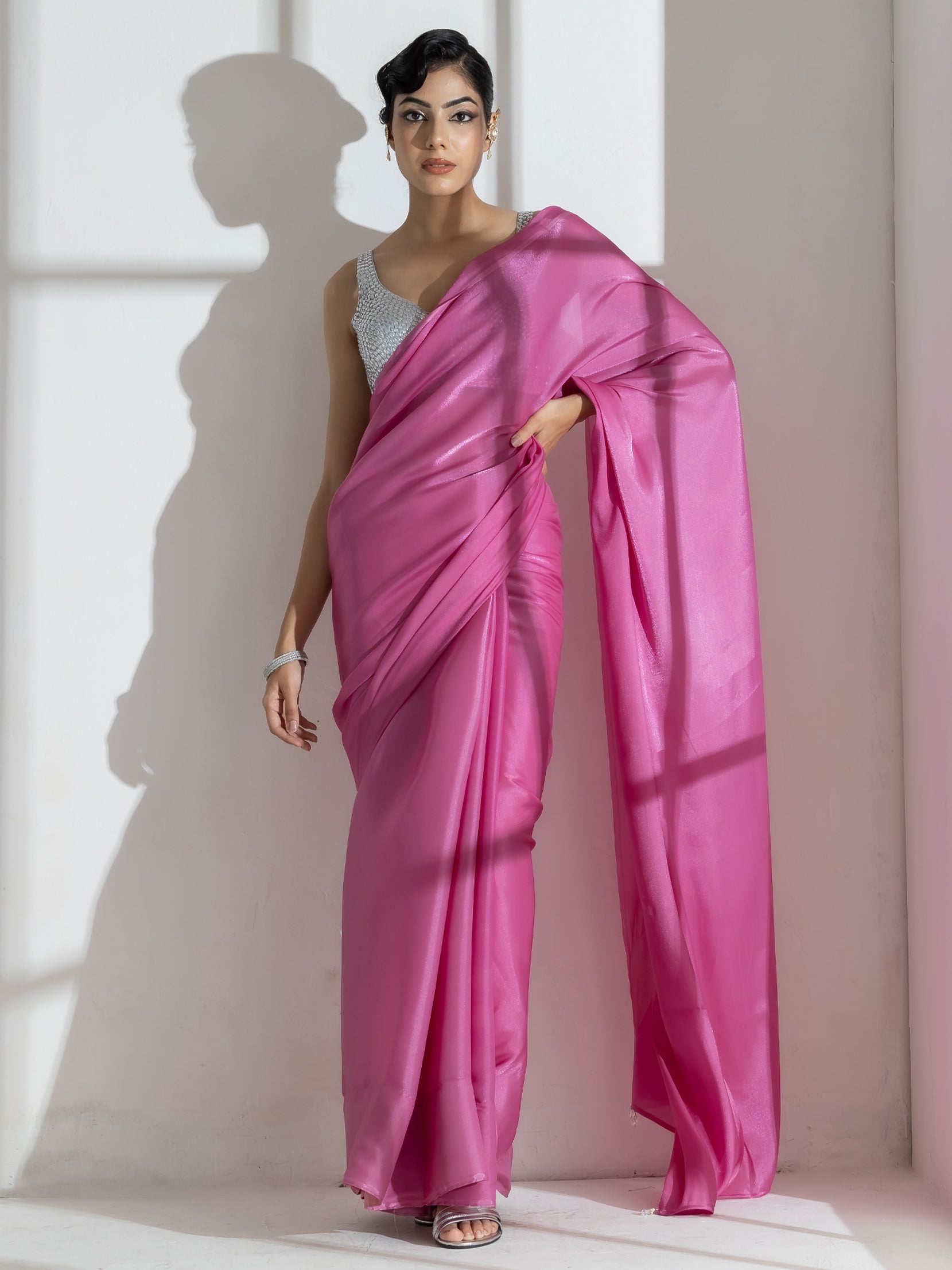 Onion Pink Silky Organza Saree with Beads and Self Blouse Fabric
