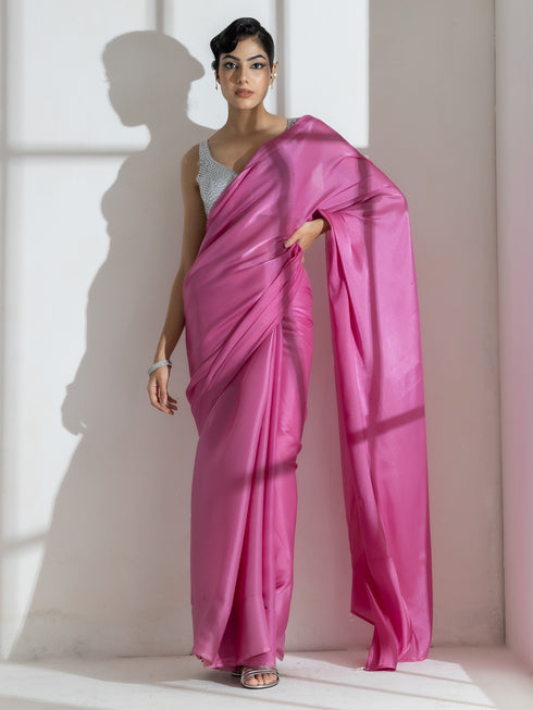 Onion Pink Silky Organza Saree with Beads and Self Blouse Fabric