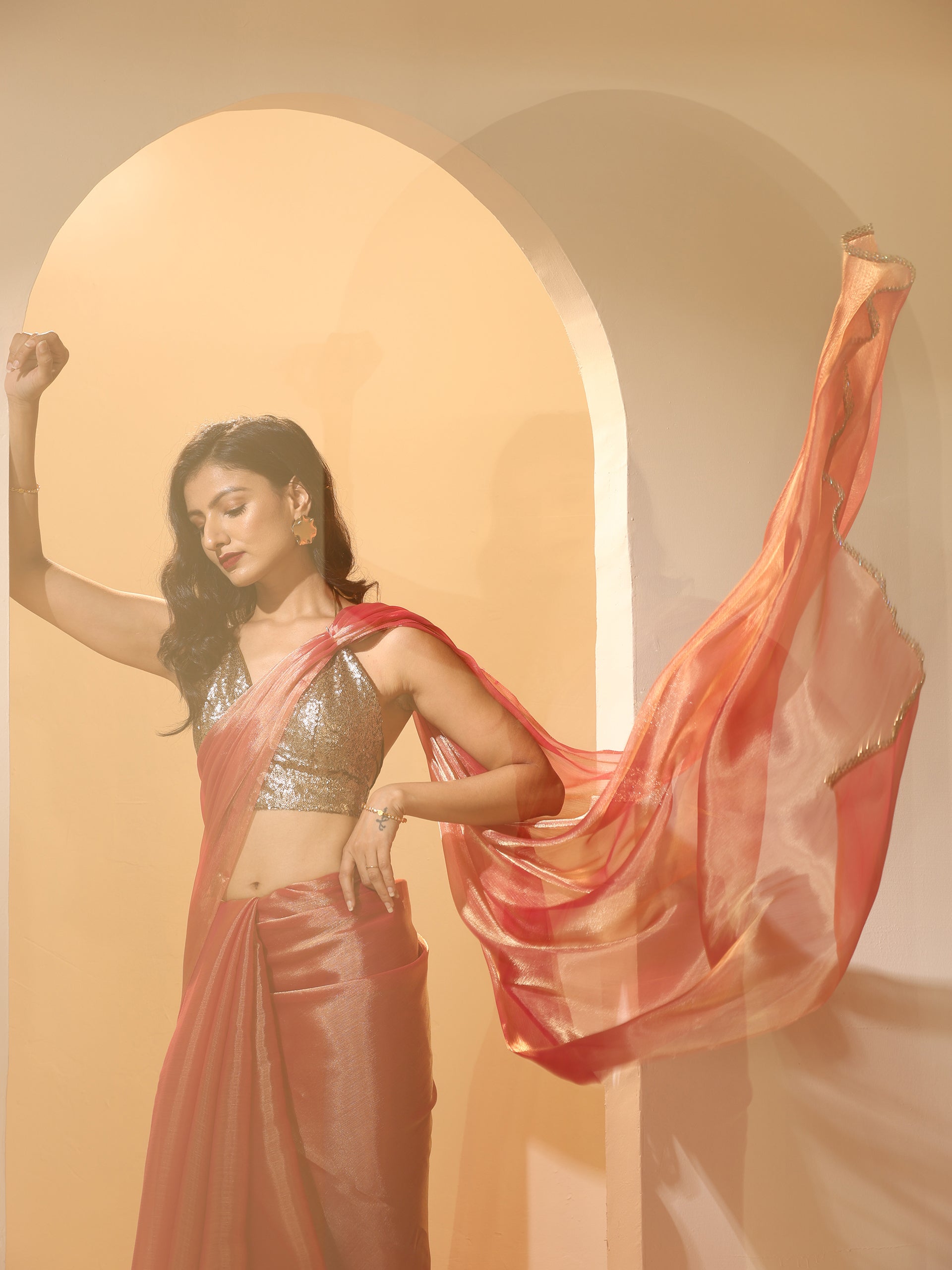 Pink Copper Mettalic Chiffon Saree with Lace