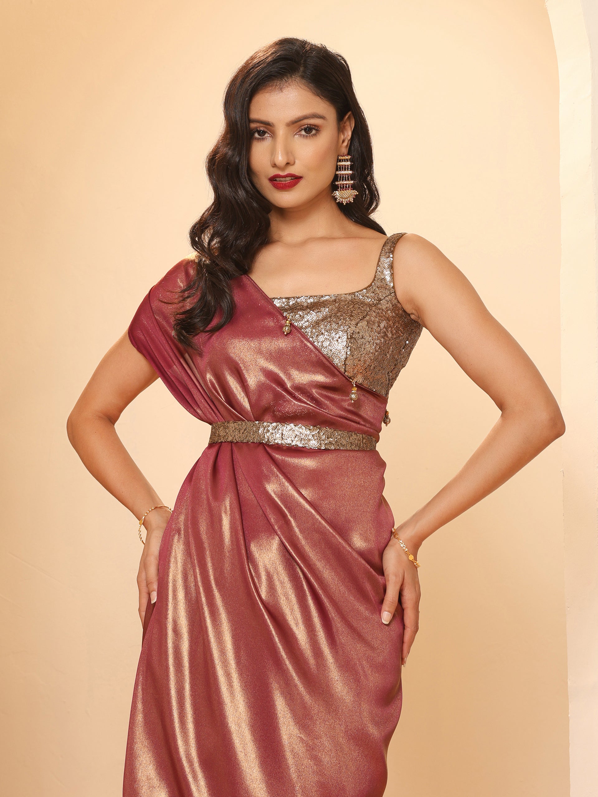 Wine Gold Chiffon Saree