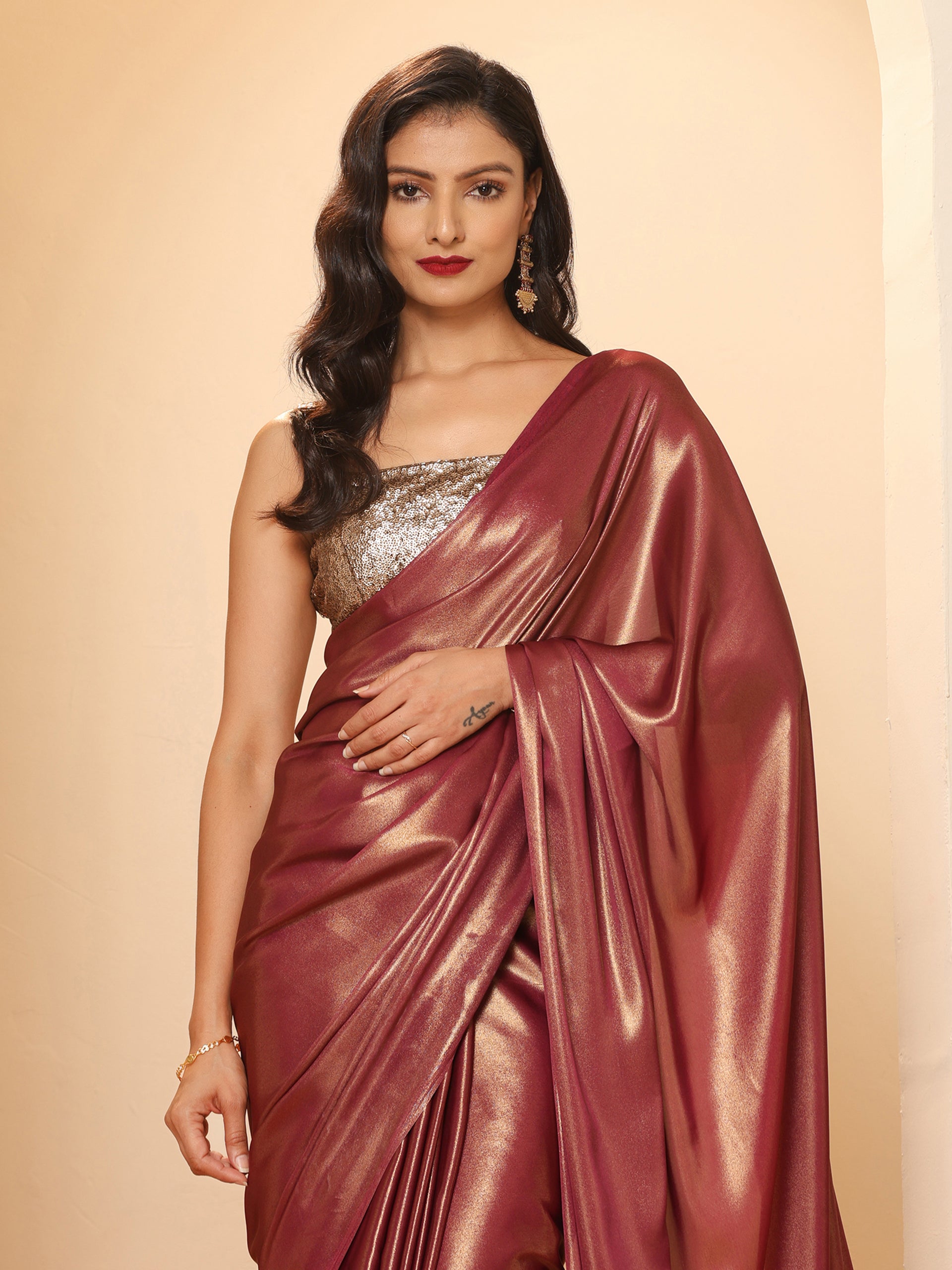 Wine Gold Chiffon Saree