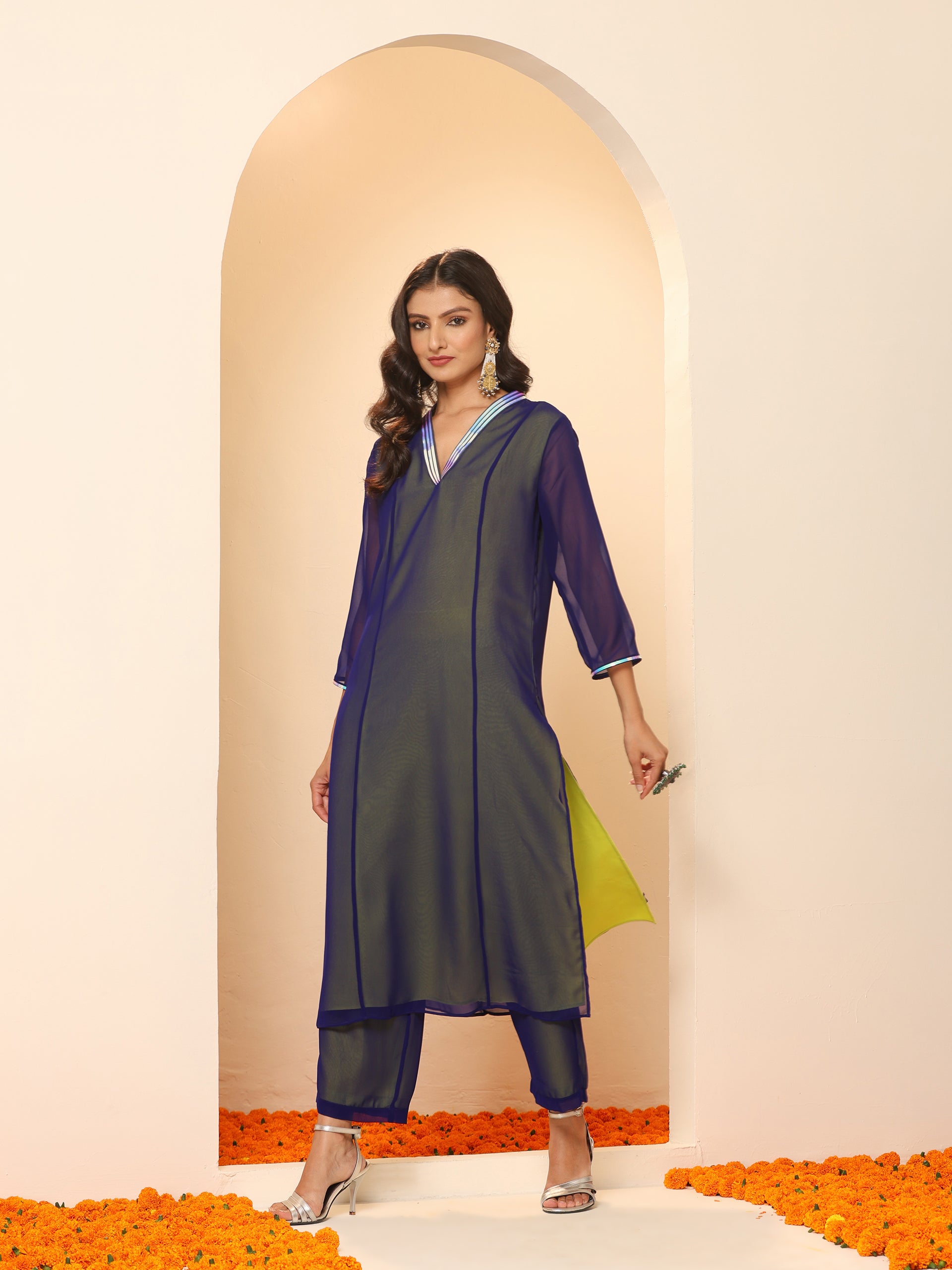 Women's Purple & Green Surprise Georgette Kurta with Pants 2 Piece Set | A-Line, V Neck, 3/4 Sleeves, Pants, Work wear, Festive Wear, (Georgette)