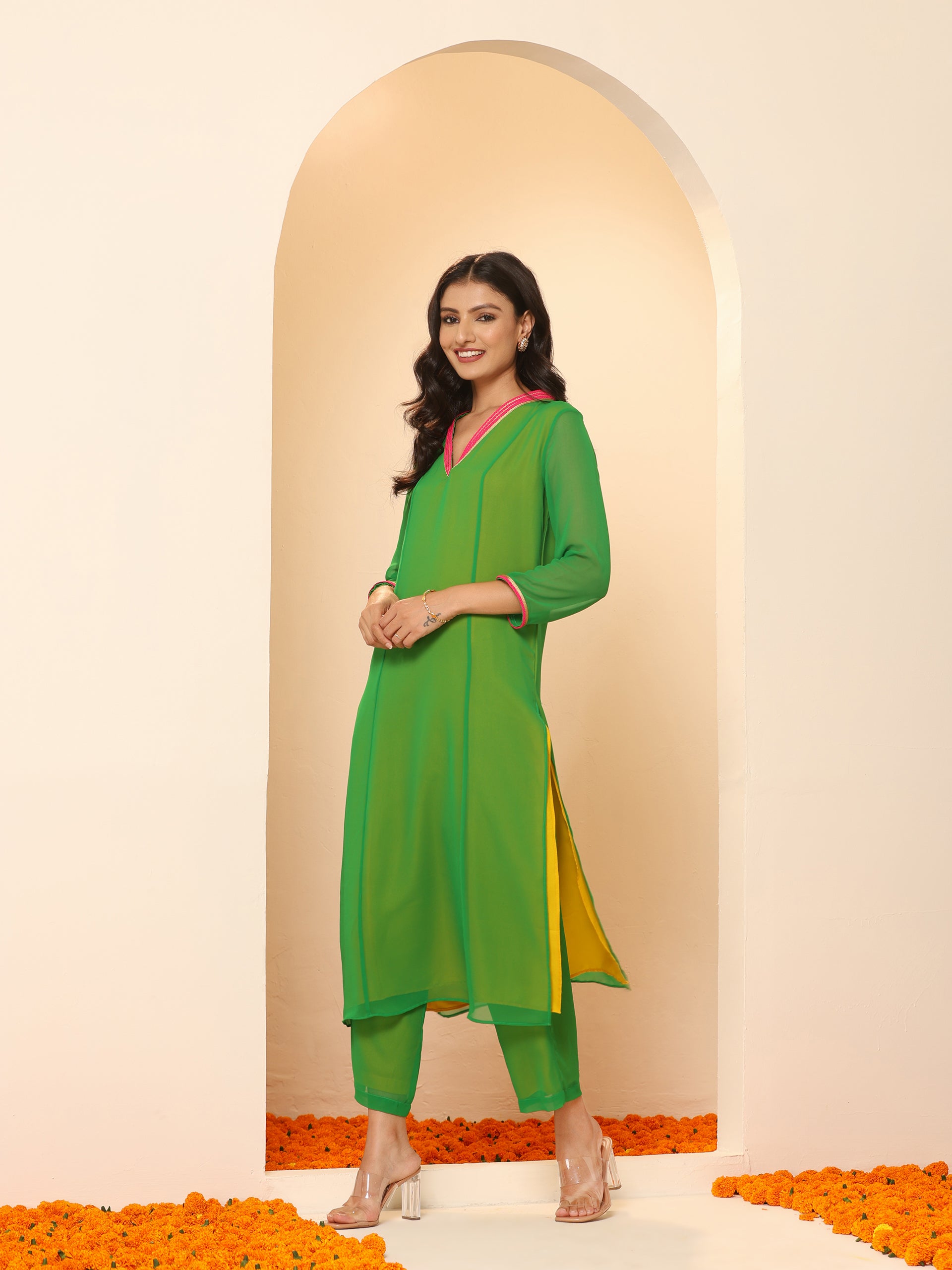 Women's Green & Mustard Surprise Georgette Kurta with Pink Lace and Pants 2 Piece Set | A-Line, V Neck, 3/4 Sleeves, Pants,Work wear, Festive Wear, (Georgette)