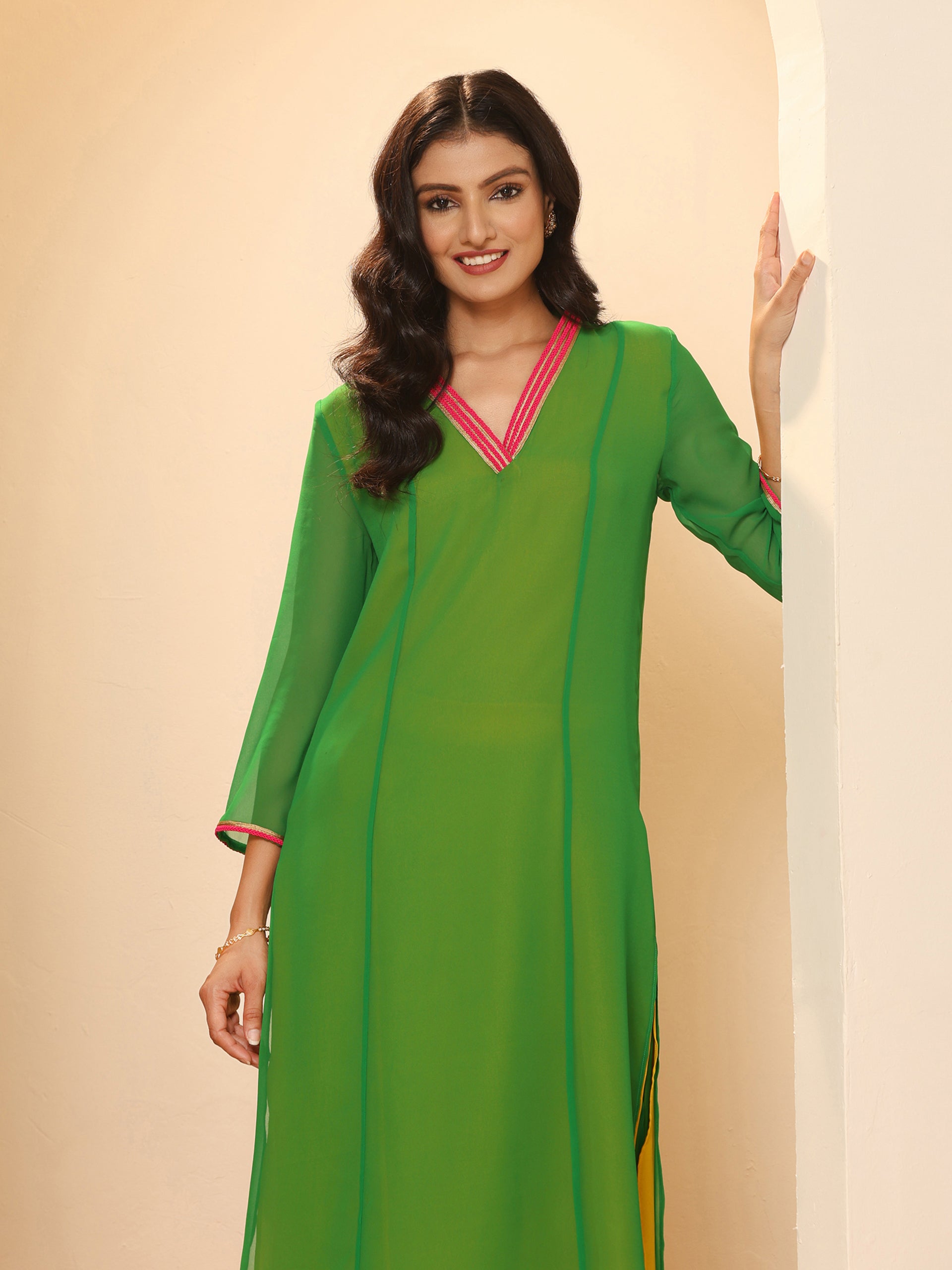 Women's Green & Mustard Surprise Georgette Kurta with Pink Lace and Pants 2 Piece Set | A-Line, V Neck, 3/4 Sleeves, Pants,Work wear, Festive Wear, (Georgette)