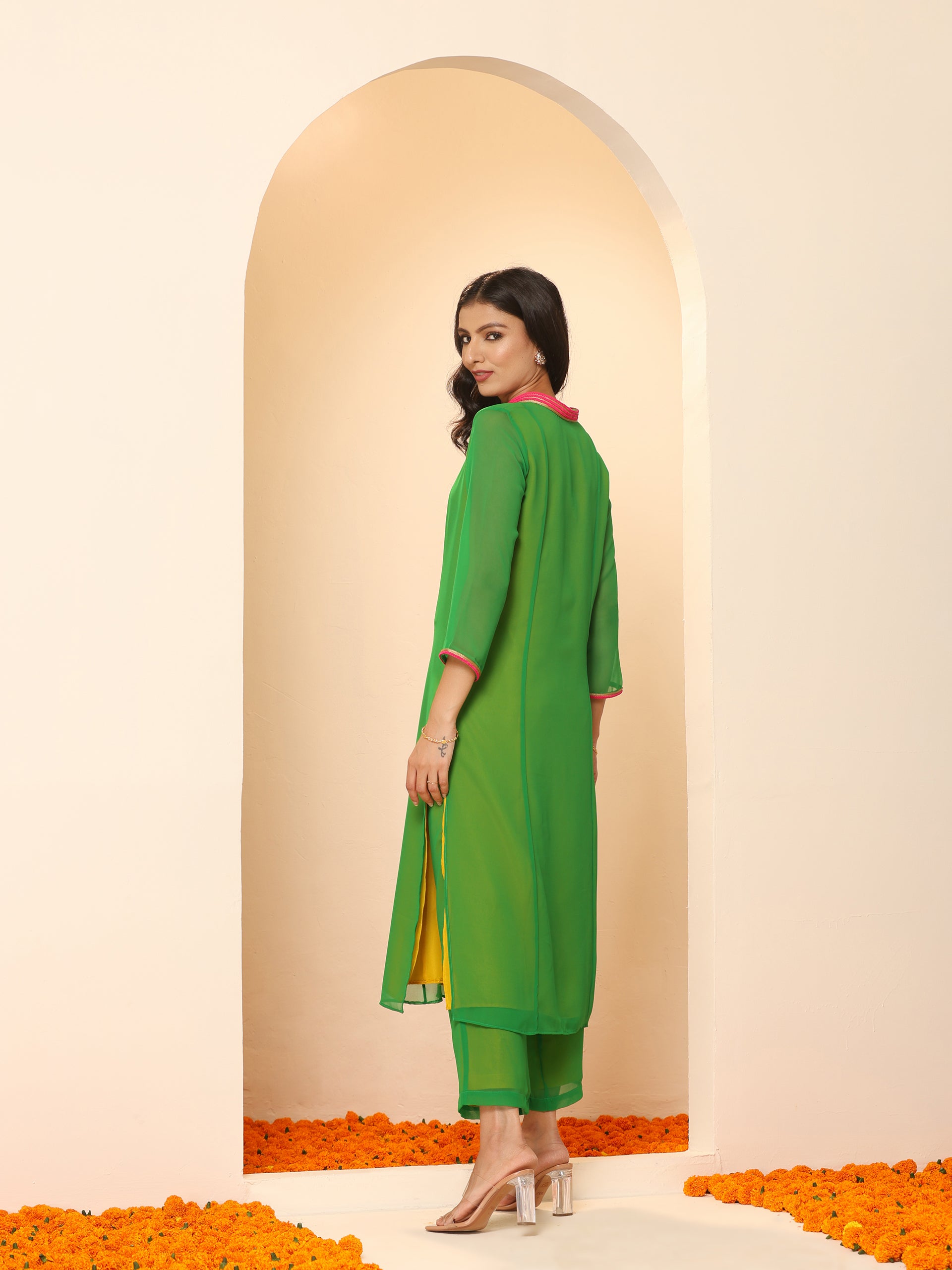 Women's Green & Mustard Surprise Georgette Kurta with Pink Lace and Pants 2 Piece Set | A-Line, V Neck, 3/4 Sleeves, Pants,Work wear, Festive Wear, (Georgette)
