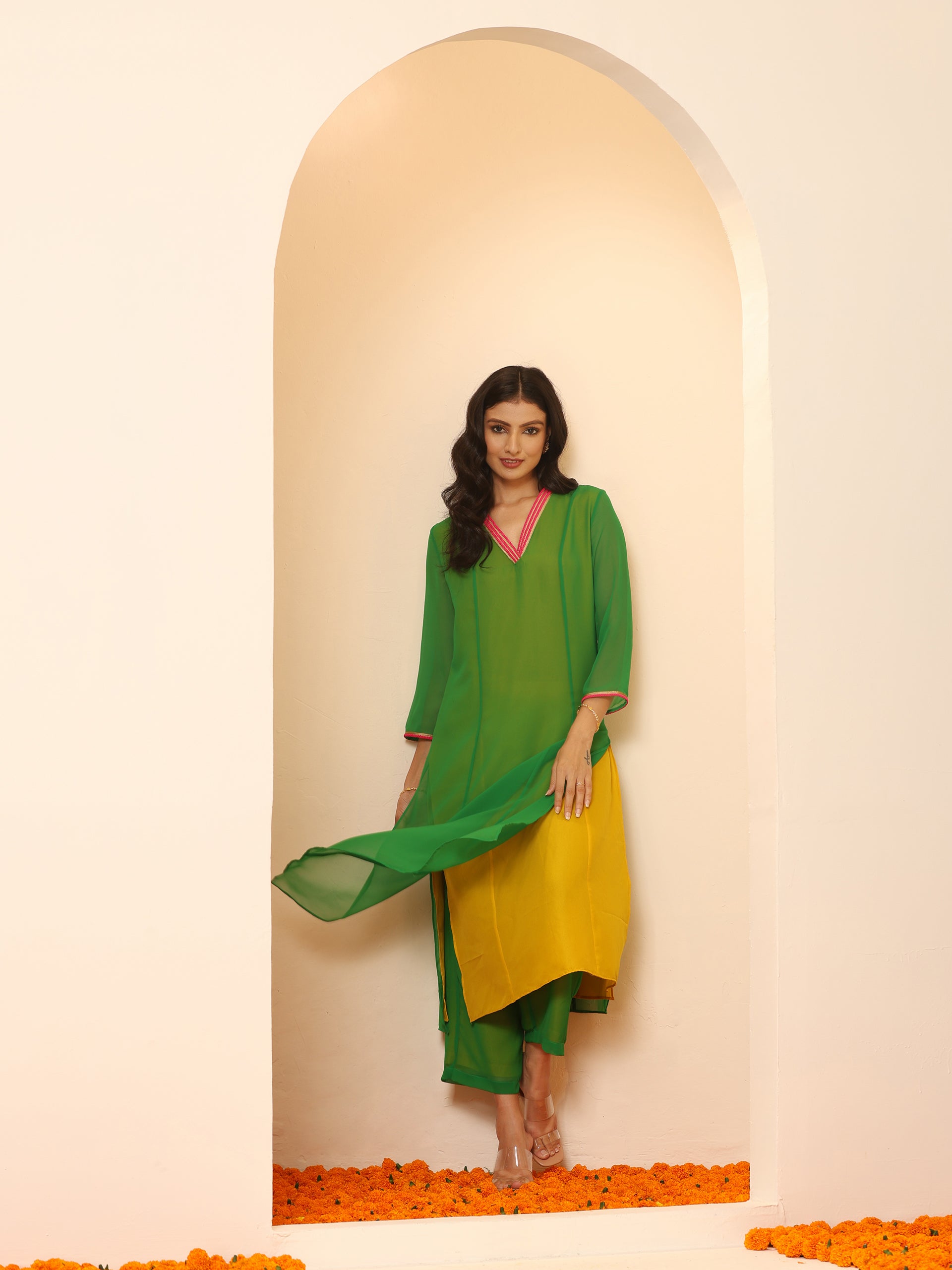 Women's Green & Mustard Surprise Georgette Kurta with Pink Lace and Pants 2 Piece Set | A-Line, V Neck, 3/4 Sleeves, Pants,Work wear, Festive Wear, (Georgette)