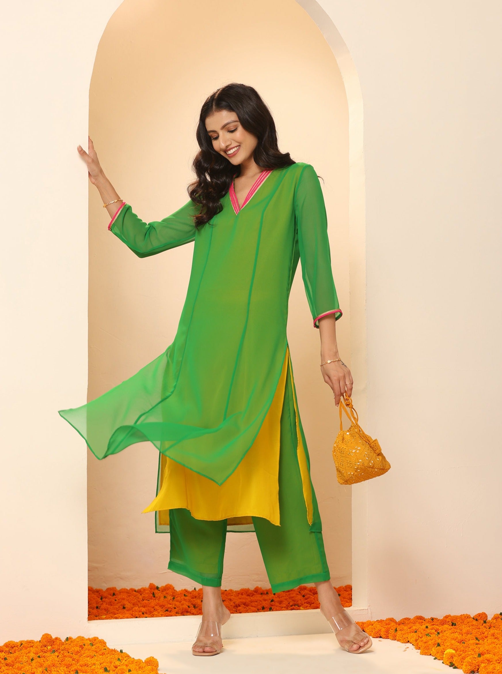 Women's Green & Mustard Surprise Georgette Kurta with Pink Lace and Pants 2 Piece Set | A-Line, V Neck, 3/4 Sleeves, Pants,Work wear, Festive Wear, (Georgette)