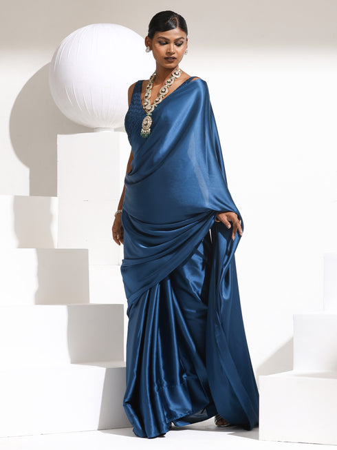 Zoya's Dream Blue Satin Saree with Beads and Embroidered Blouse Fabric