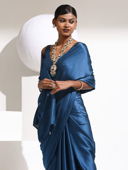 Zoya's Dream Blue Satin Saree with Beads and Embroidered Blouse Fabric