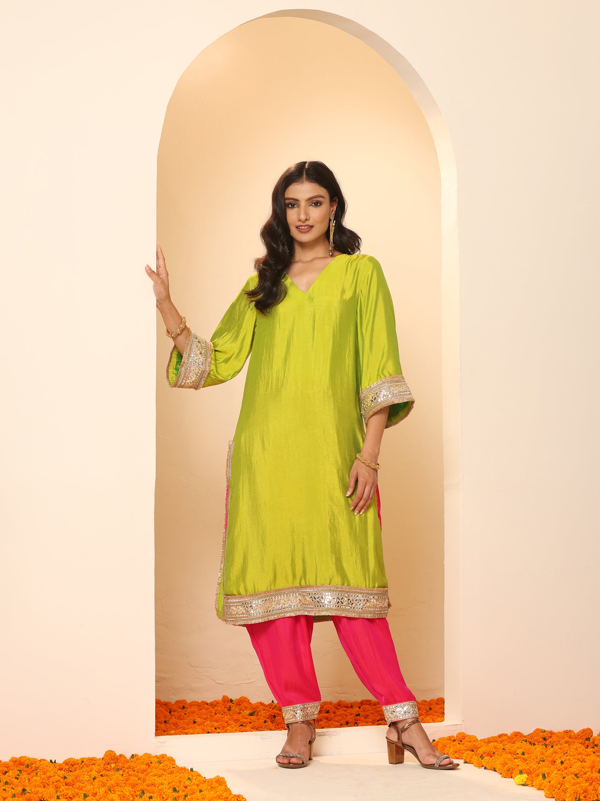 Women's Chartreuse Lemon Kurta with Fuchsia Pyjama and Laces 2 Piece Set | A-Line, V Neck, Full Sleeves, Pyjama, Festive Wear, (Satin)