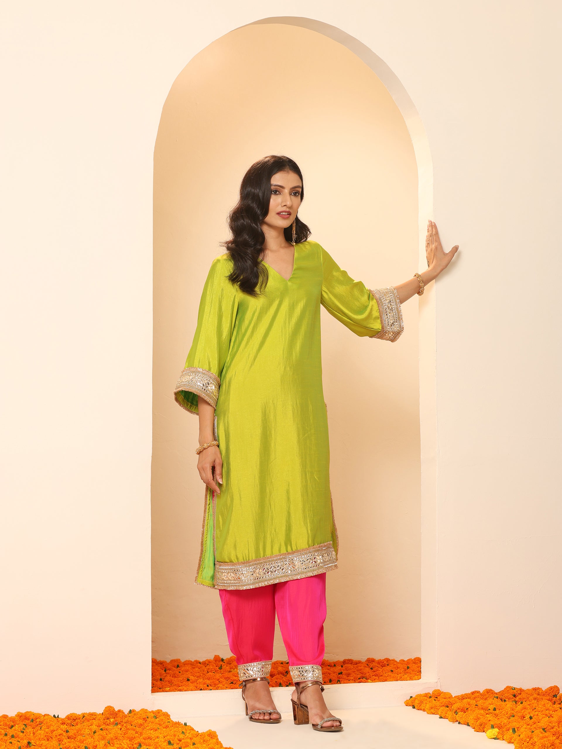 Women's Chartreuse Lemon Kurta with Fuchsia Pyjama and Laces 2 Piece Set | A-Line, V Neck, Full Sleeves, Pyjama, Festive Wear, (Satin)