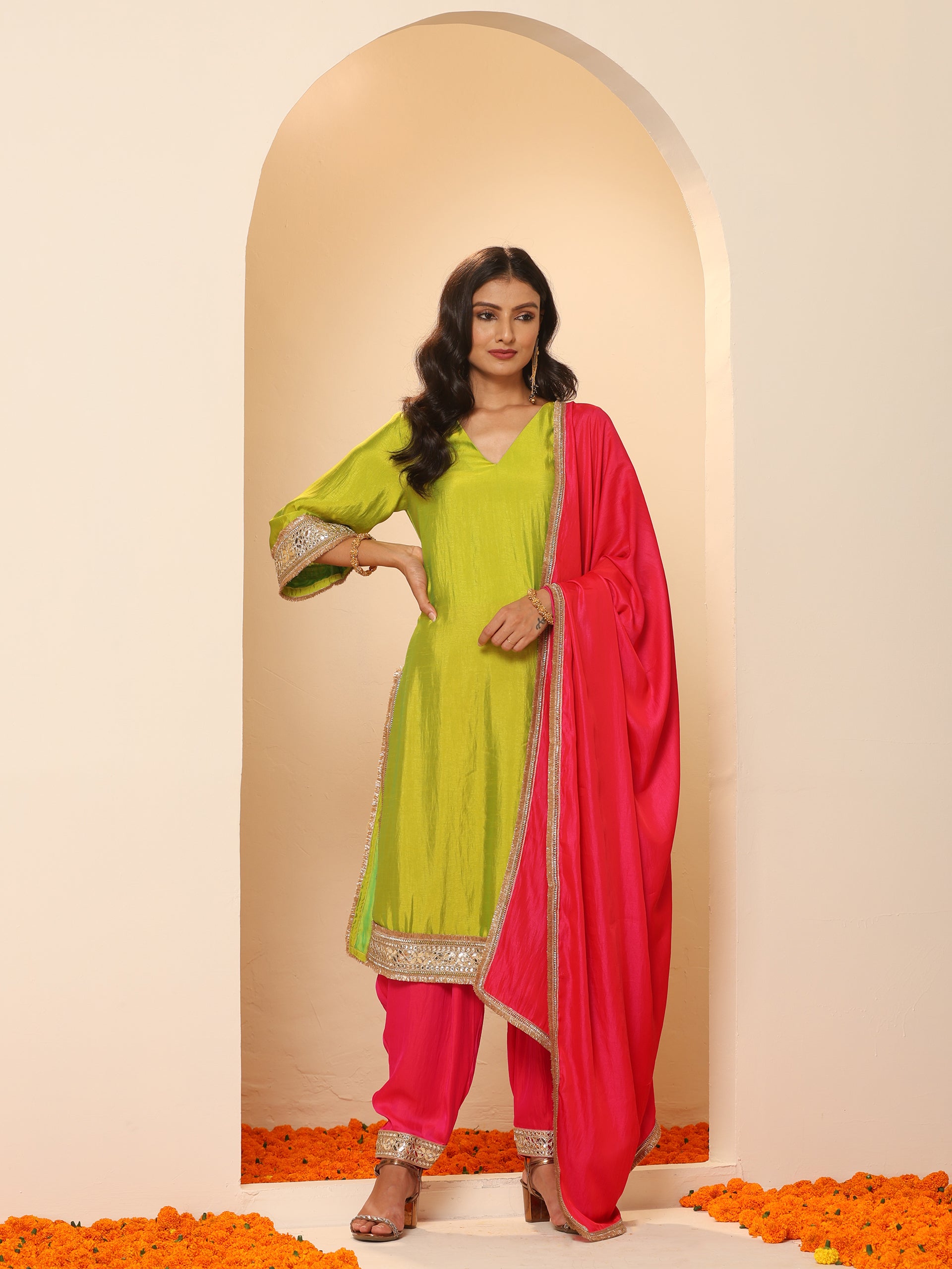 1 Pc - Fuschia Satin Dupatta  with Lace