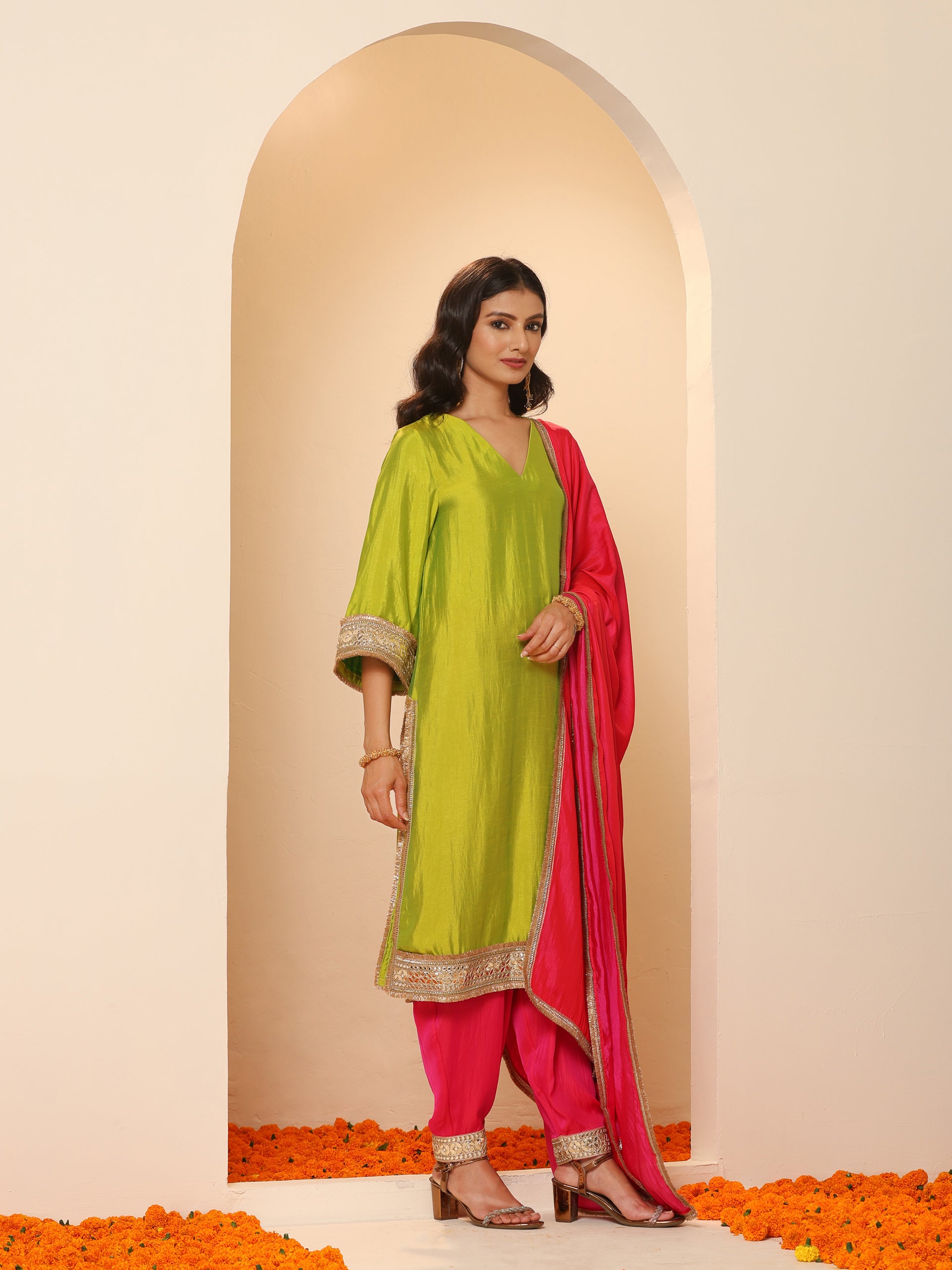 1 Pc - Fuschia Satin Dupatta  with Lace