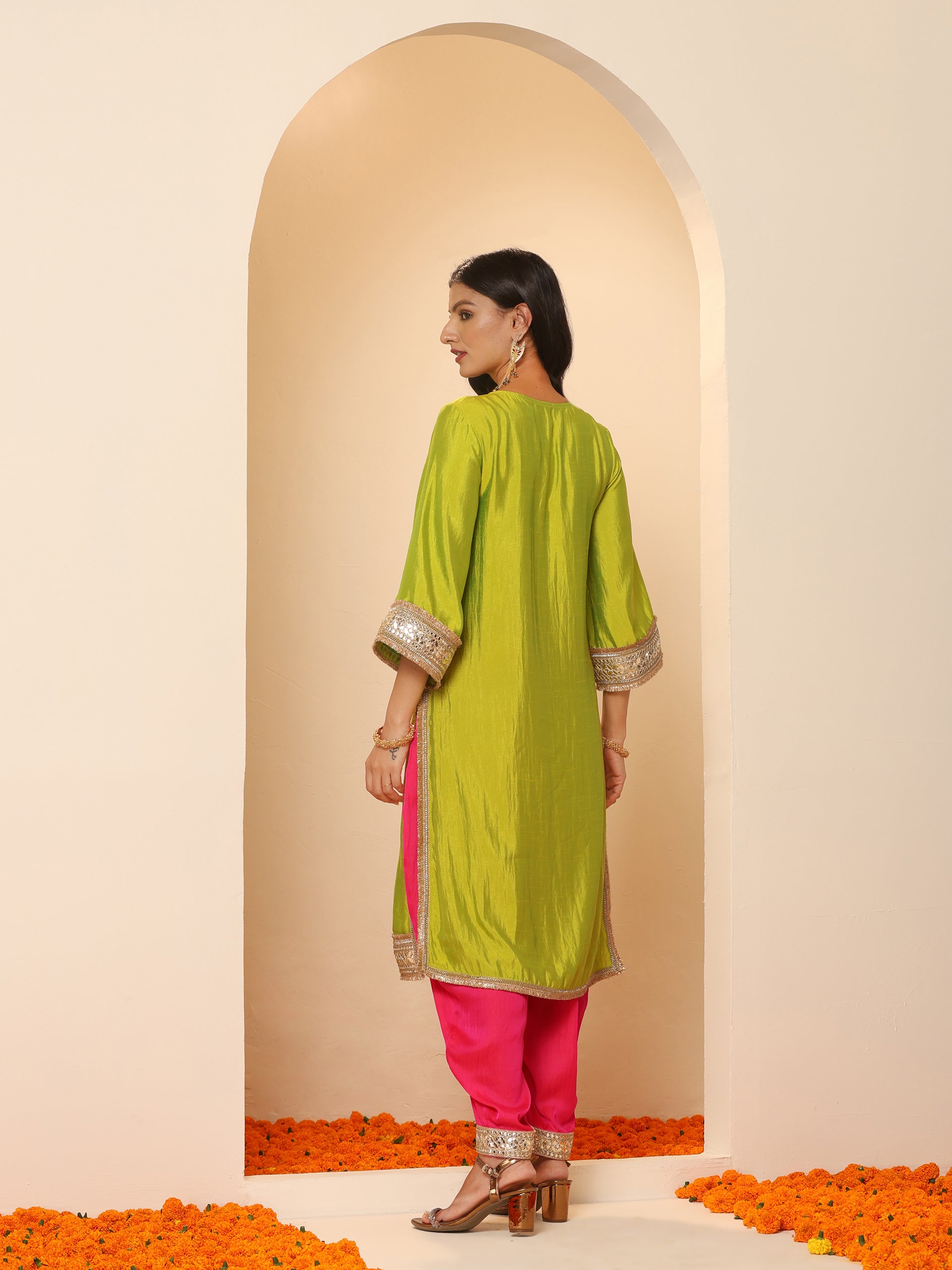 Women's Chartreuse Lemon Kurta with Fuchsia Pyjama and Laces 2 Piece Set | A-Line, V Neck, Full Sleeves, Pyjama, Festive Wear, (Satin)