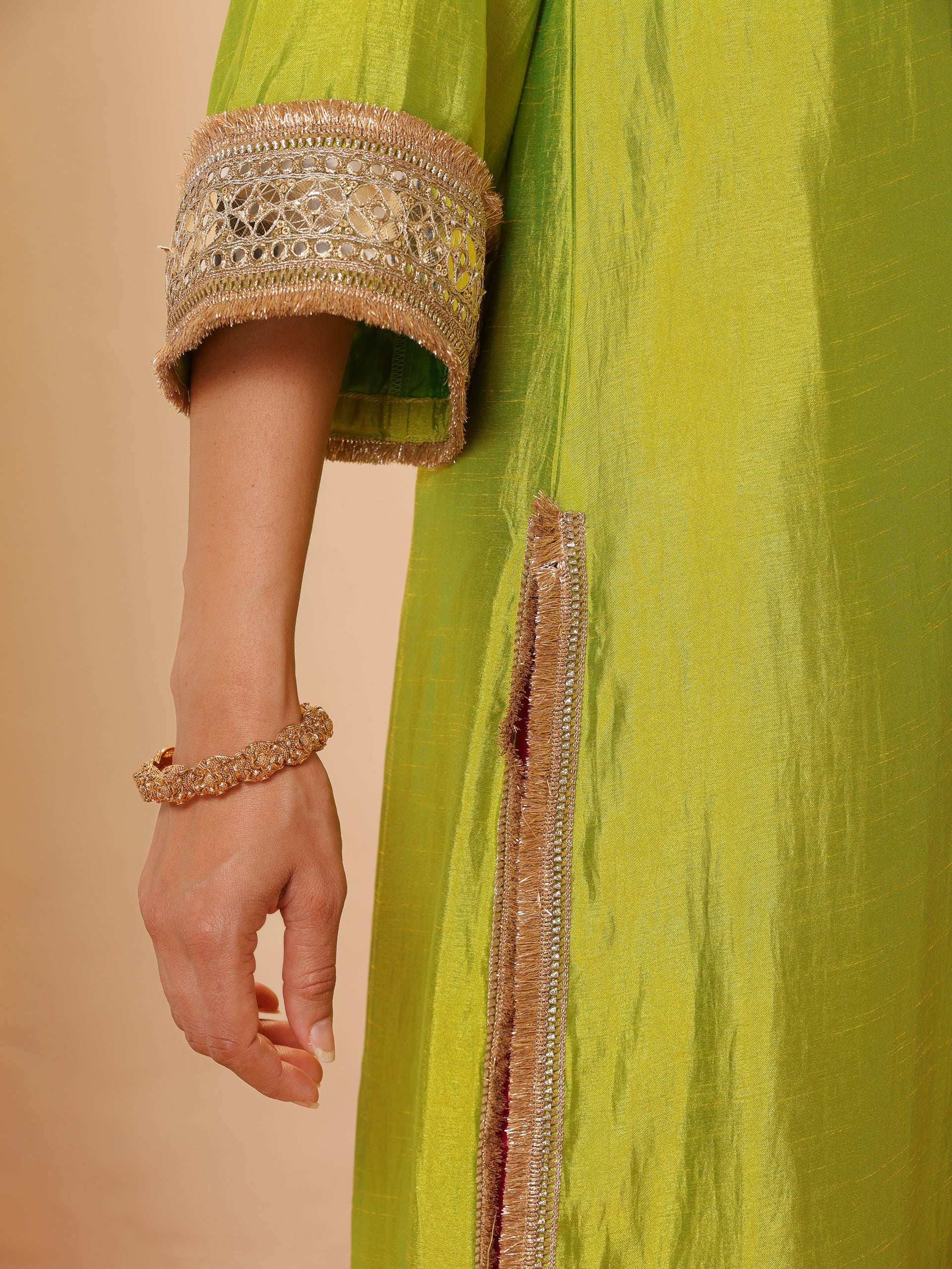 Women's Chartreuse Lemon Kurta with Fuchsia Pyjama and Laces 2 Piece Set | A-Line, V Neck, Full Sleeves, Pyjama, Festive Wear, (Satin)